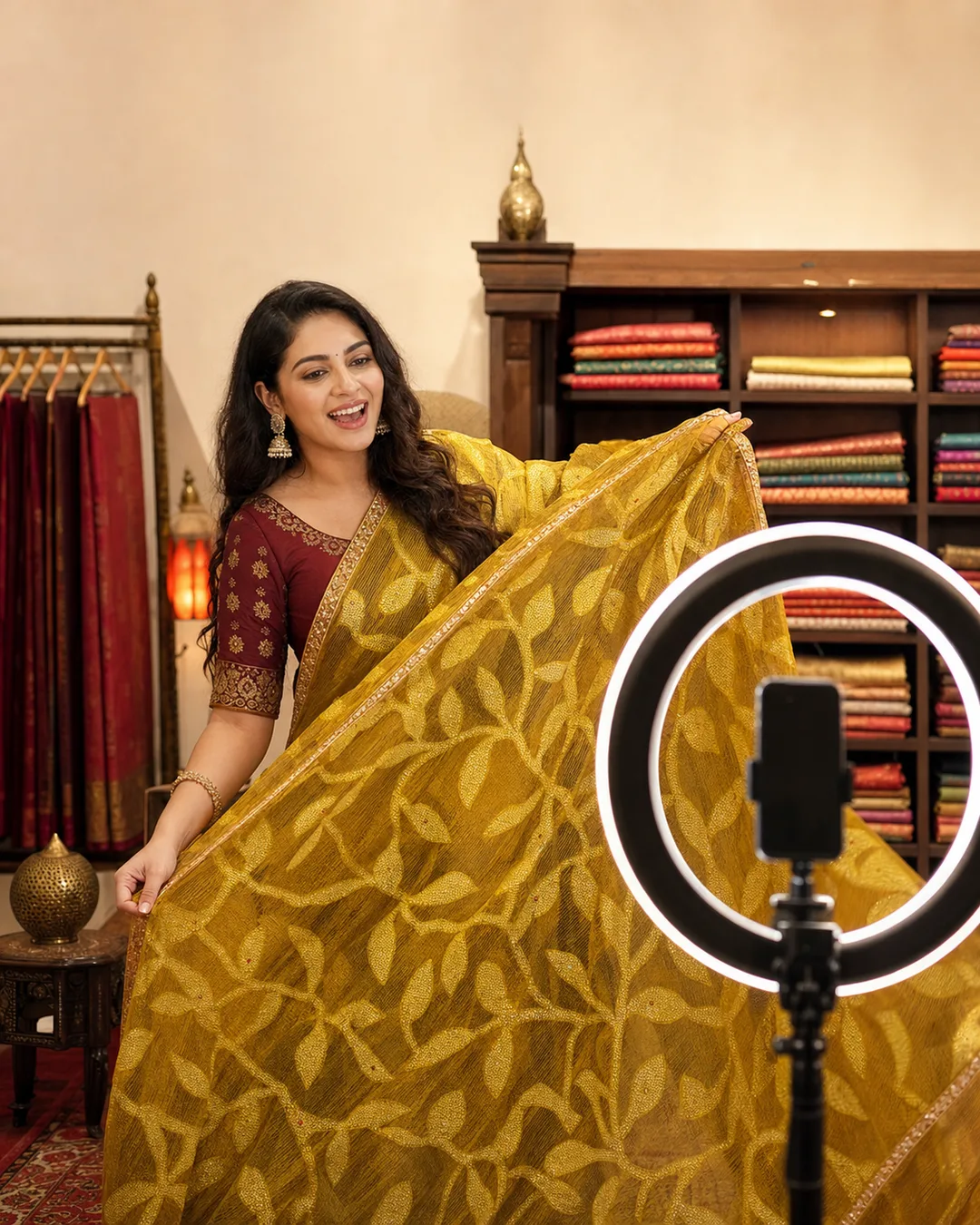 Wonder Bazar presenter mid live-sale with a saree on camera