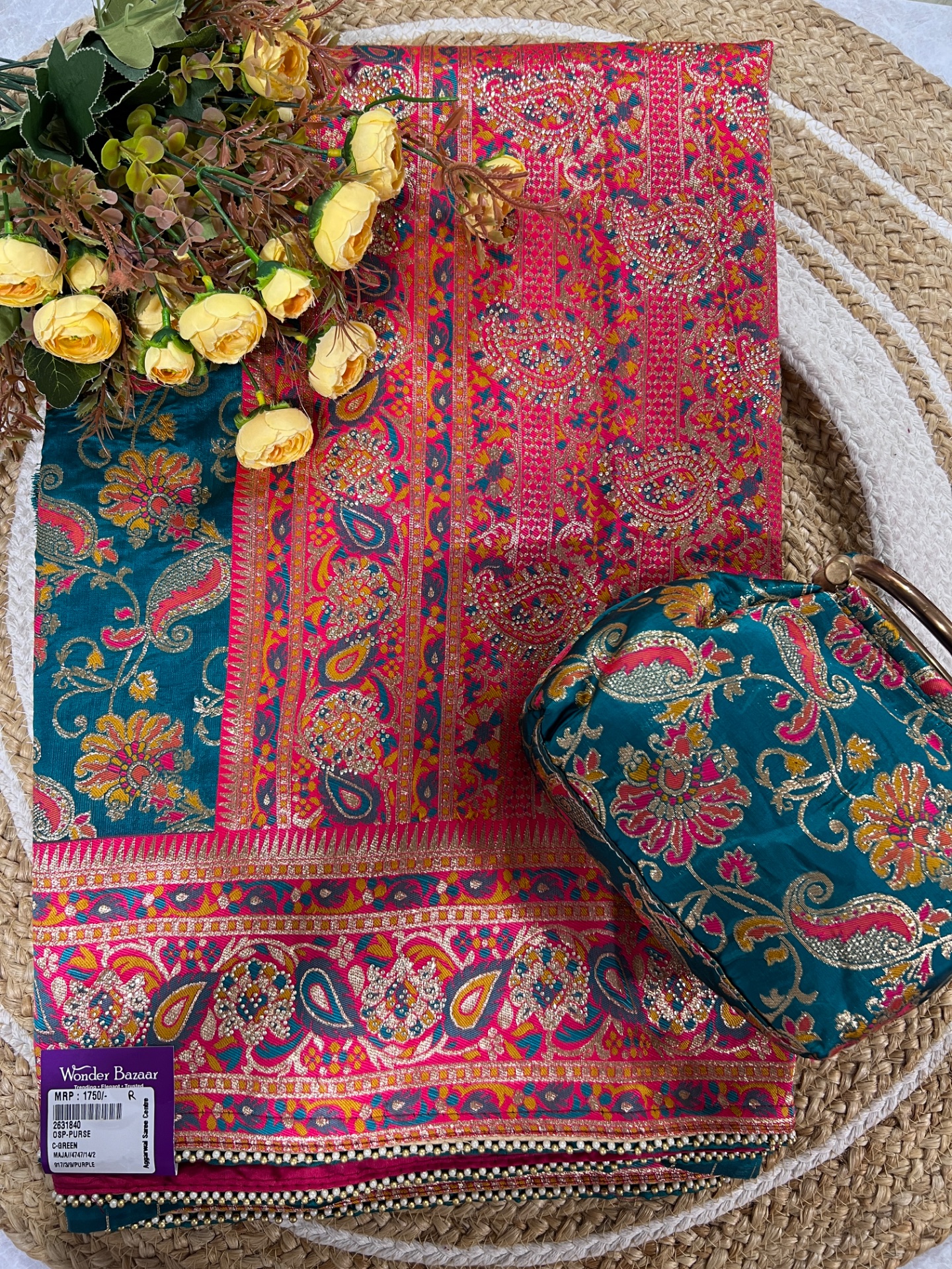 Fancy Woven Saree with Matching Clutch Bag