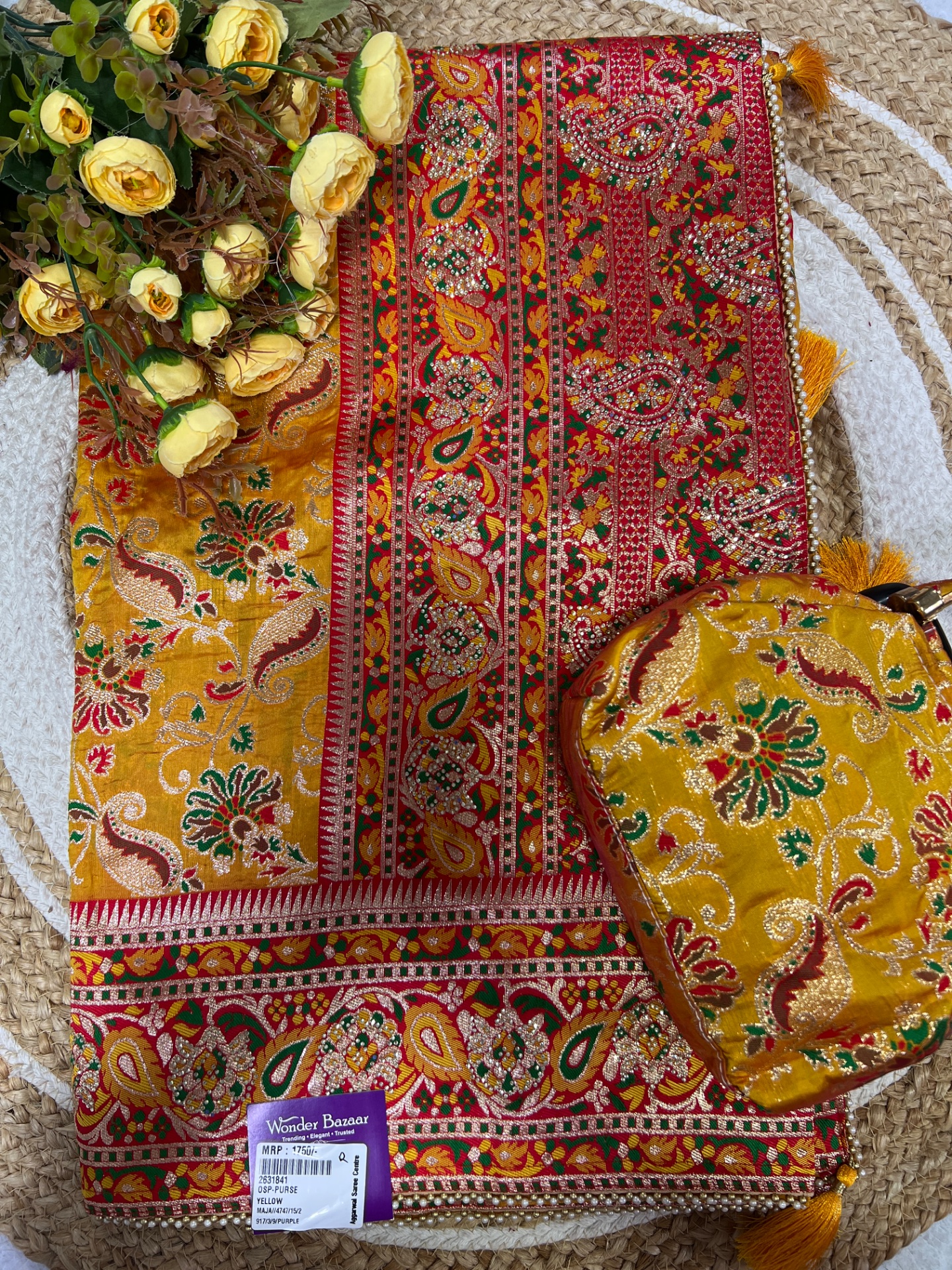 Fancy Woven Saree with Matching Clutch Bag