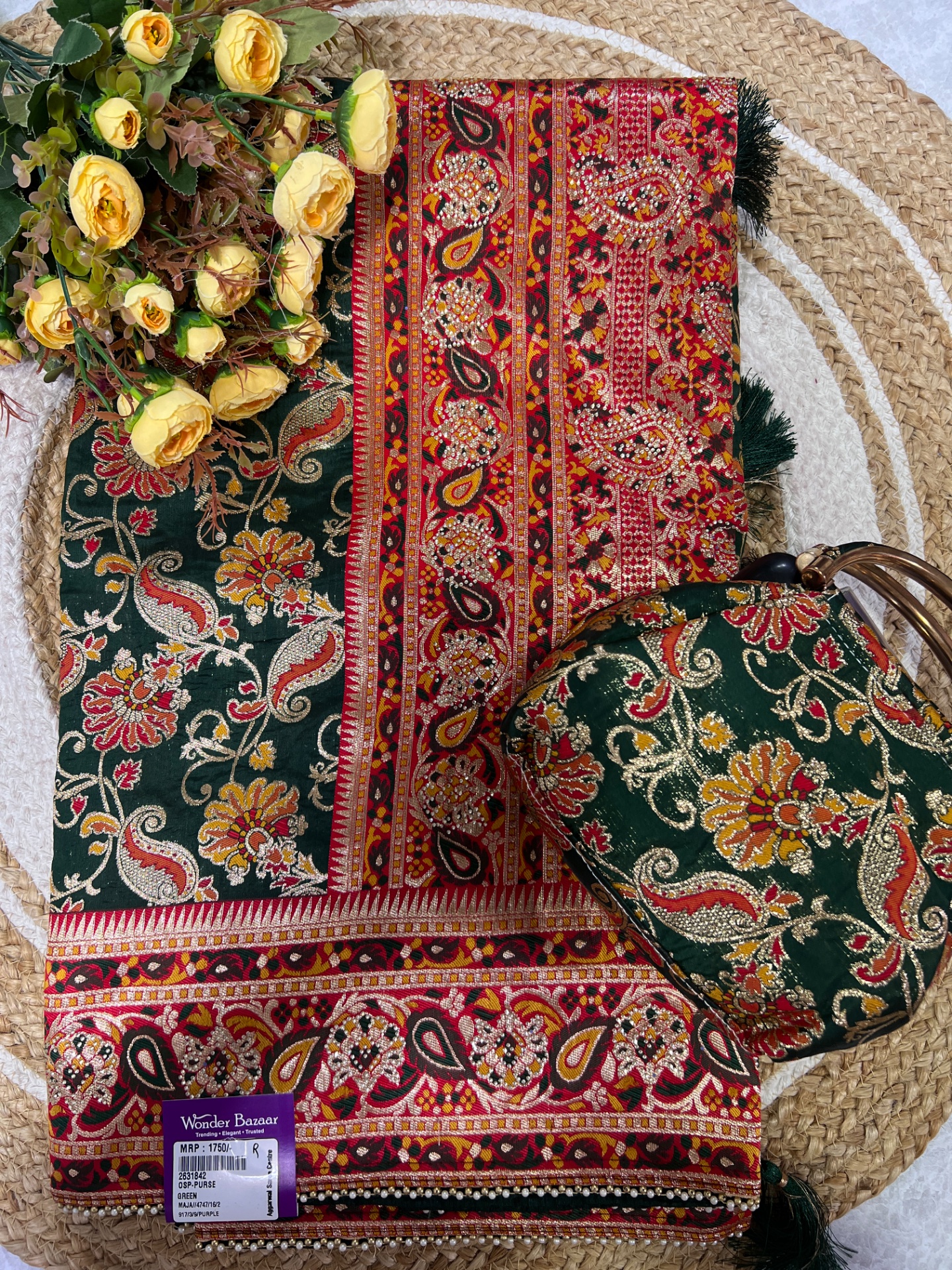 Fancy Woven Saree with Matching Clutch Bag