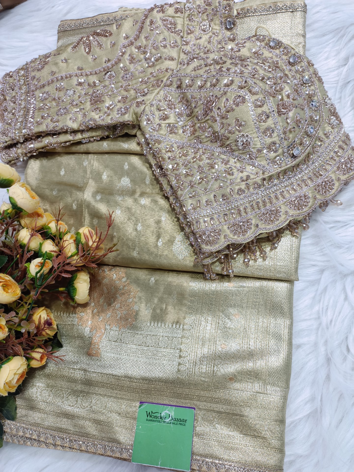 Peach Zari Woven Saree with Heavy Embroidered Blouse