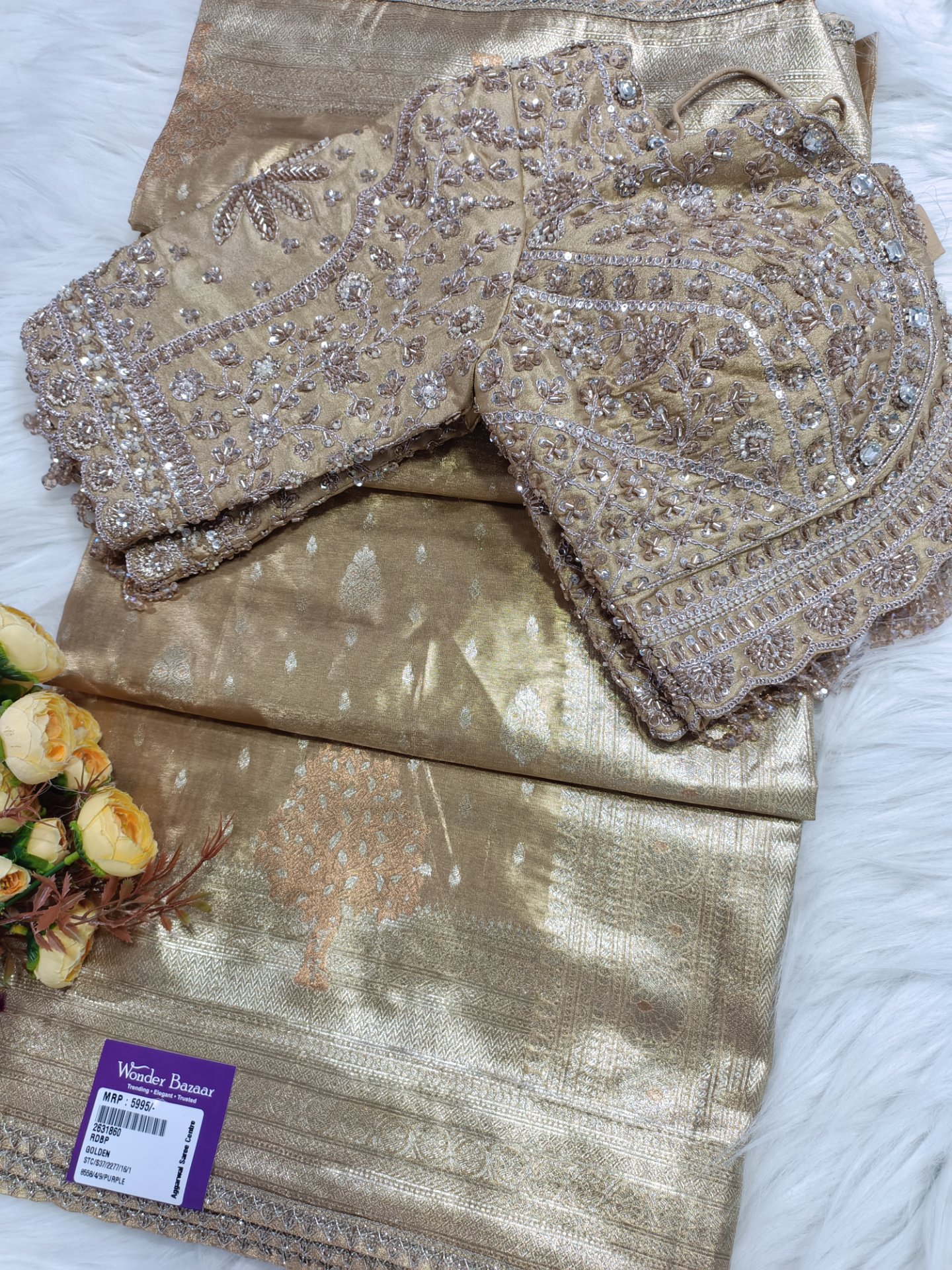 Peach Zari Woven Saree with Heavy Embroidered Blouse