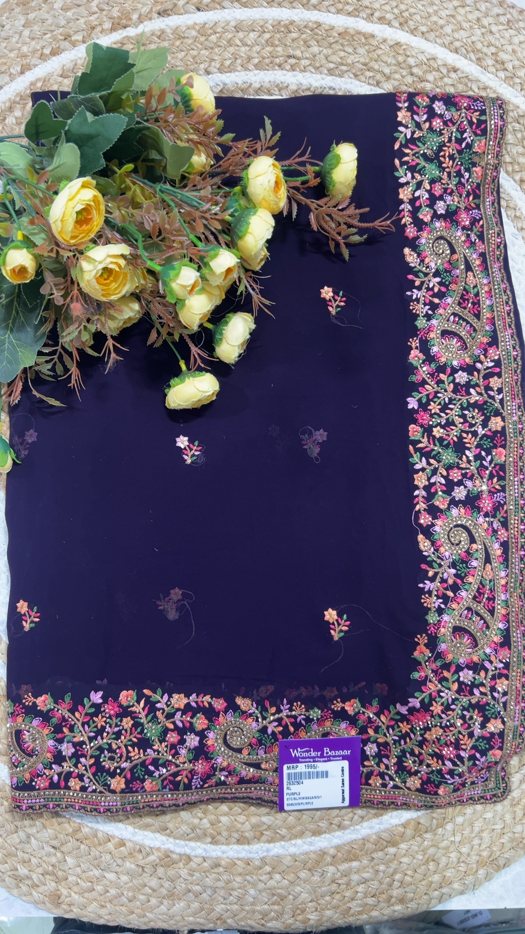 Embroidered Paisley Border Saree with Small Floral Bootis
