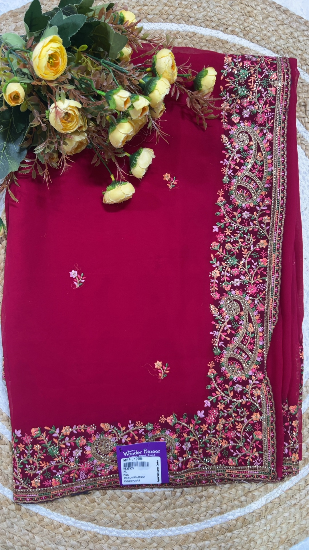 Embroidered Paisley Border Saree with Small Floral Bootis
