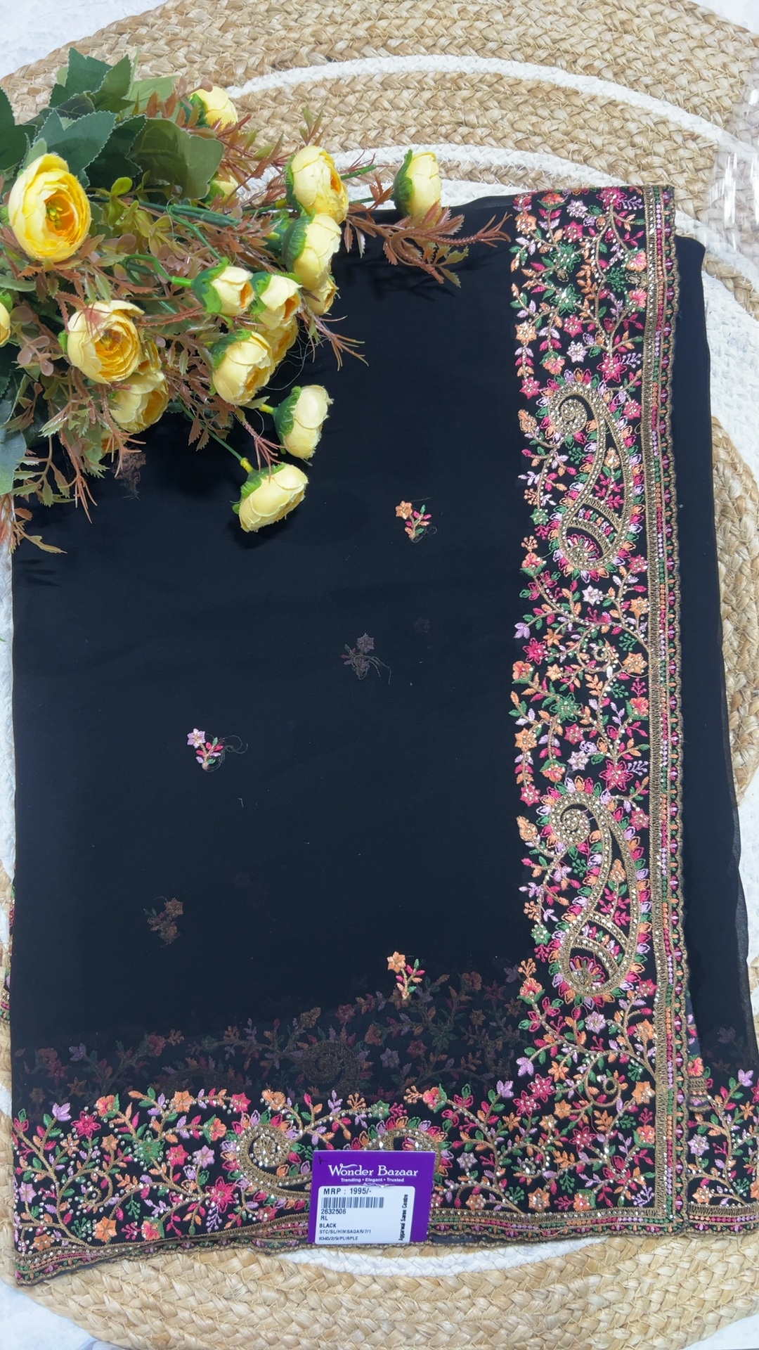 Embroidered Paisley Border Saree with Small Floral Bootis