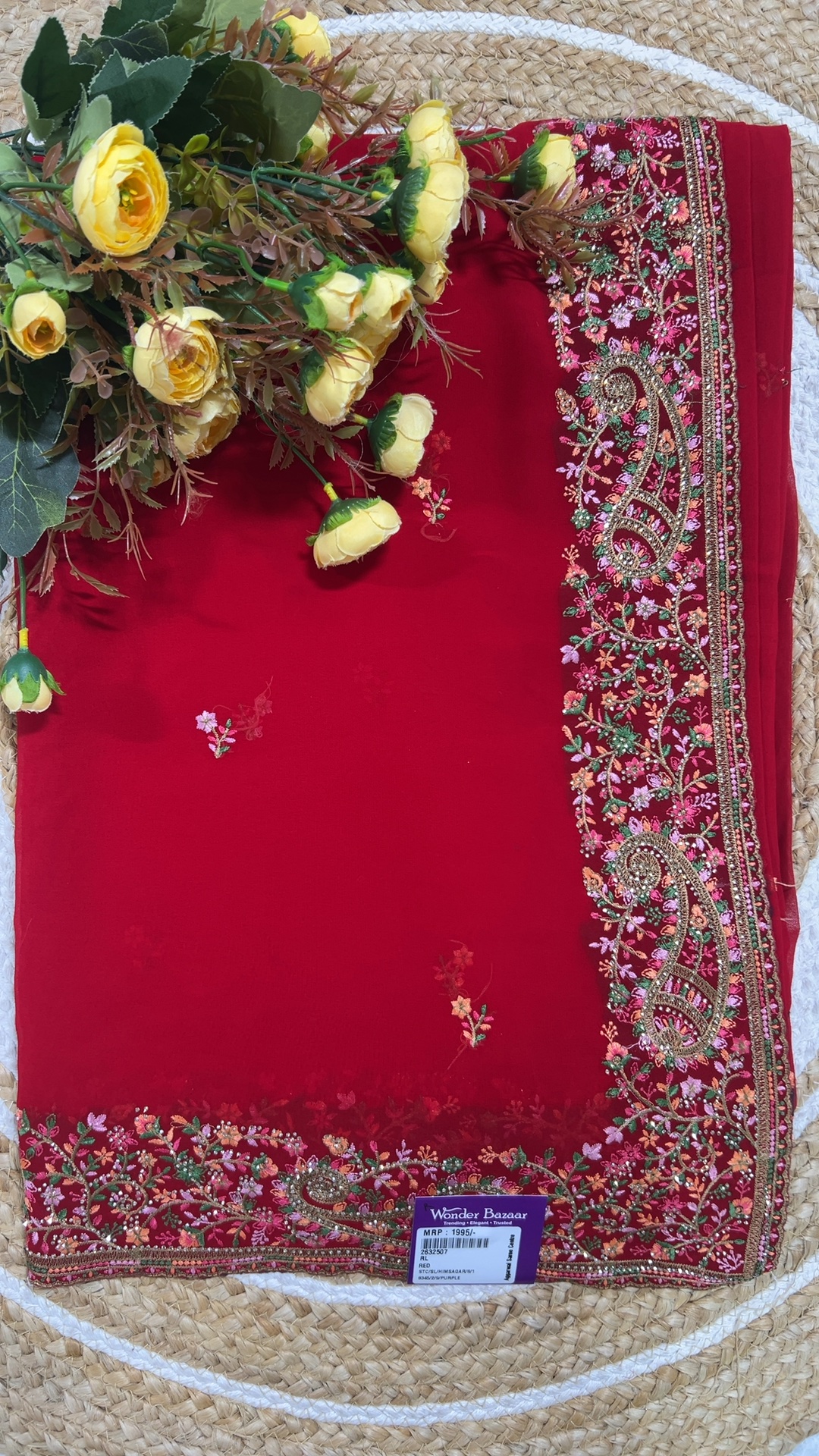 Embroidered Paisley Border Saree with Small Floral Bootis