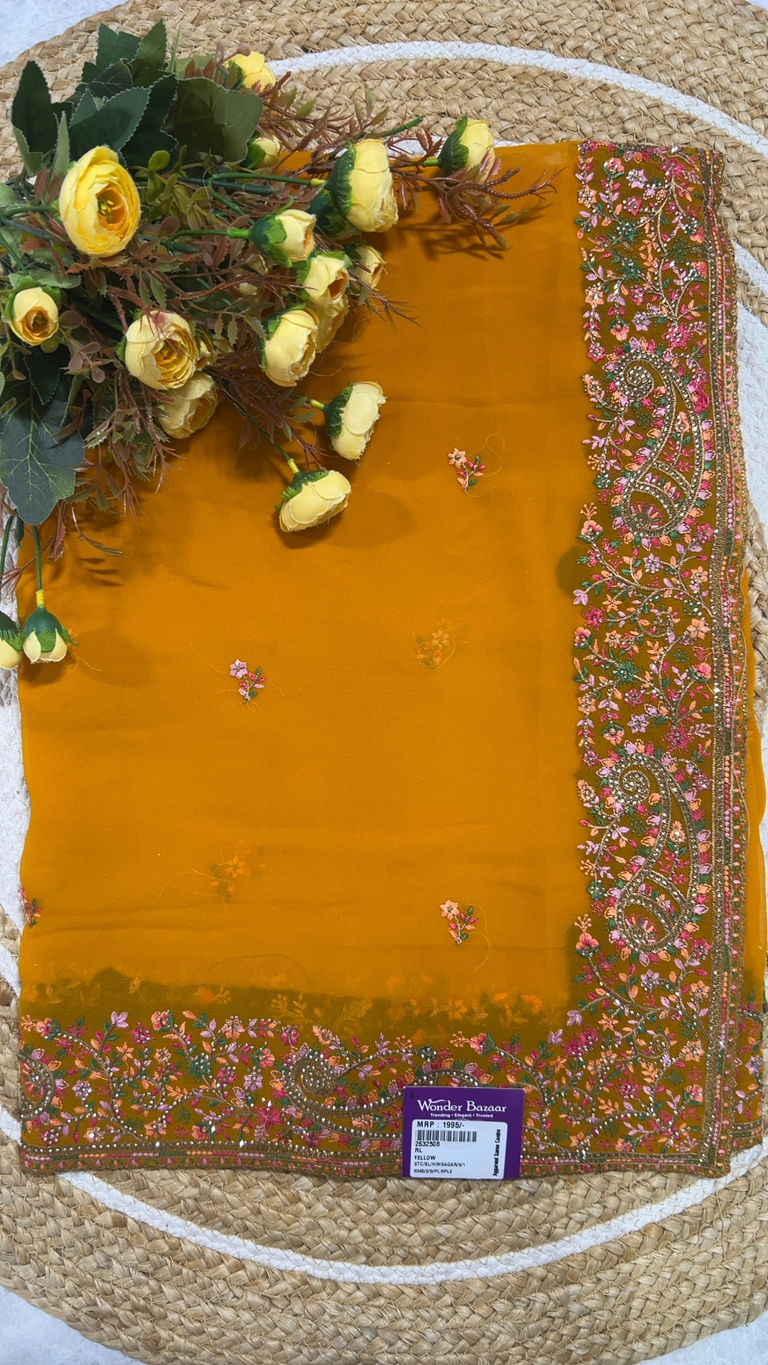 Embroidered Paisley Border Saree with Small Floral Bootis