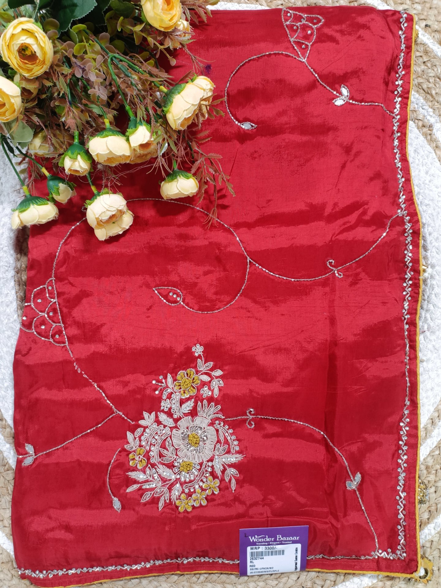 Fancy Saree with Delicate Floral Embroidery & Thin Border