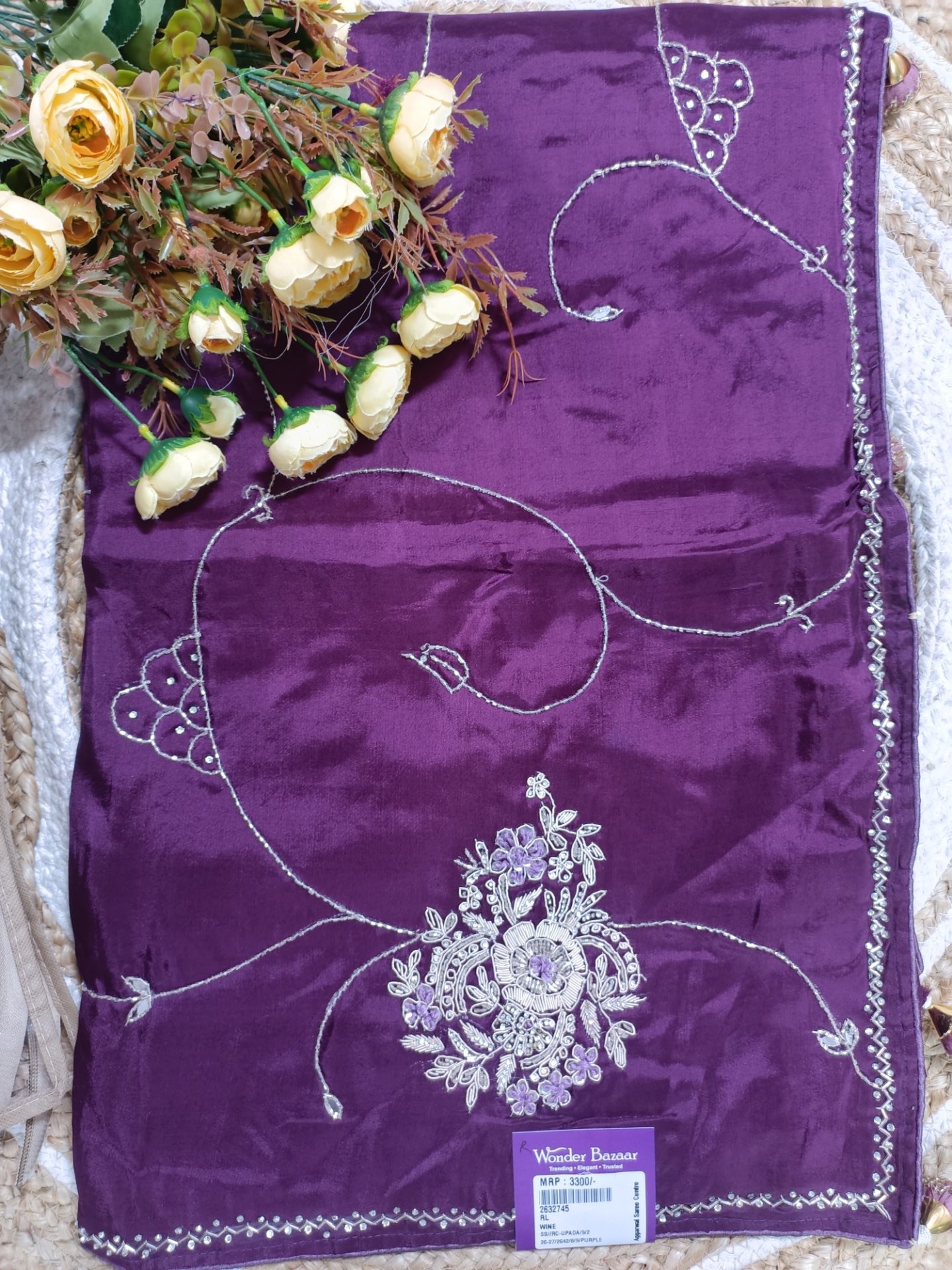Fancy Saree with Delicate Floral Embroidery & Thin Border