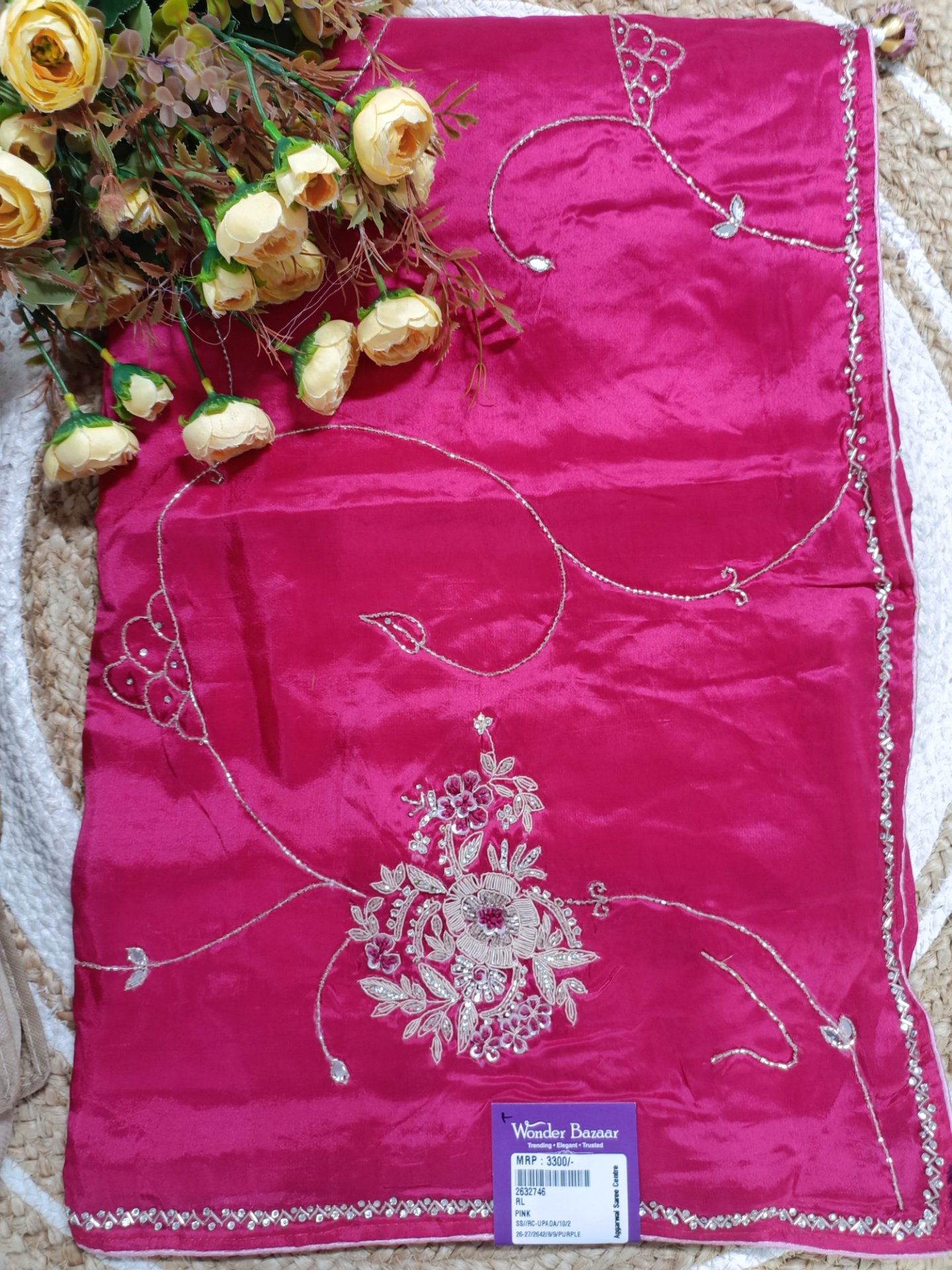 Fancy Saree with Delicate Floral Embroidery & Thin Border