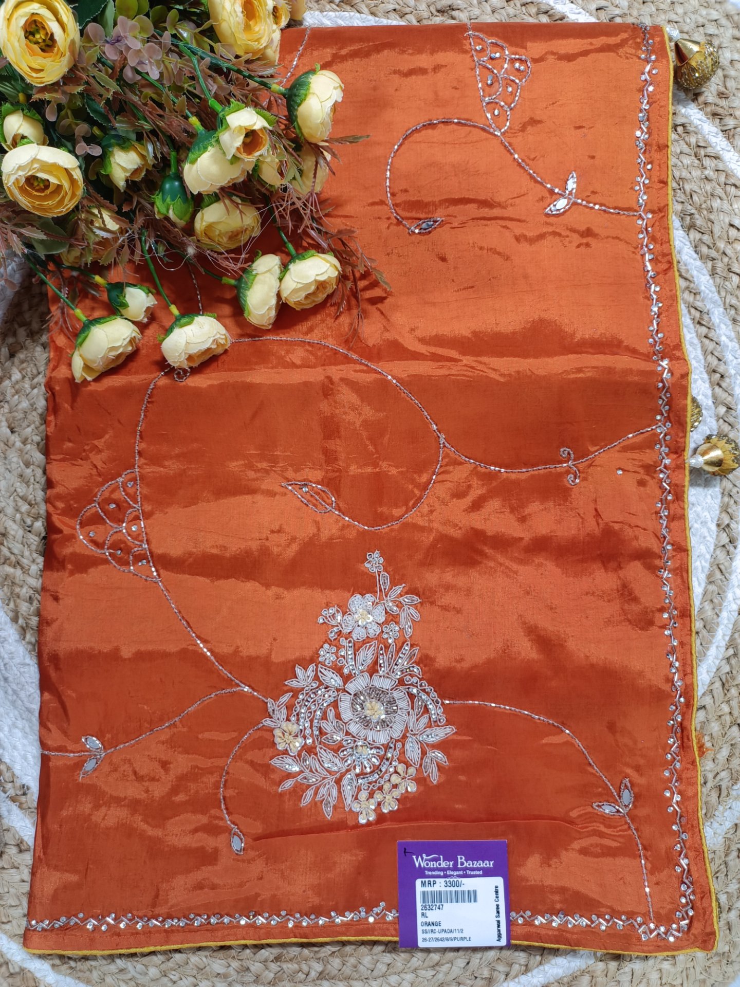 Fancy Saree with Delicate Floral Embroidery & Thin Border