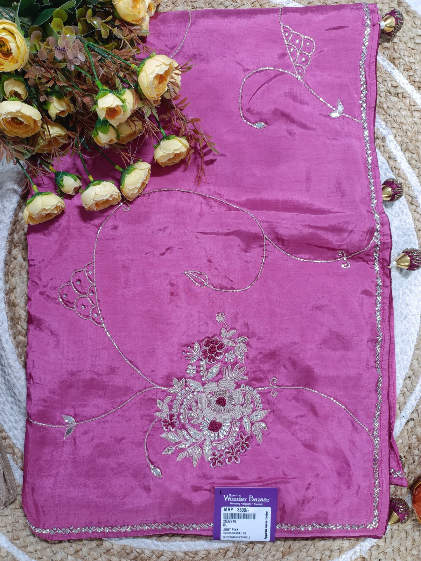 Fancy Saree with Delicate Floral Embroidery & Thin Border