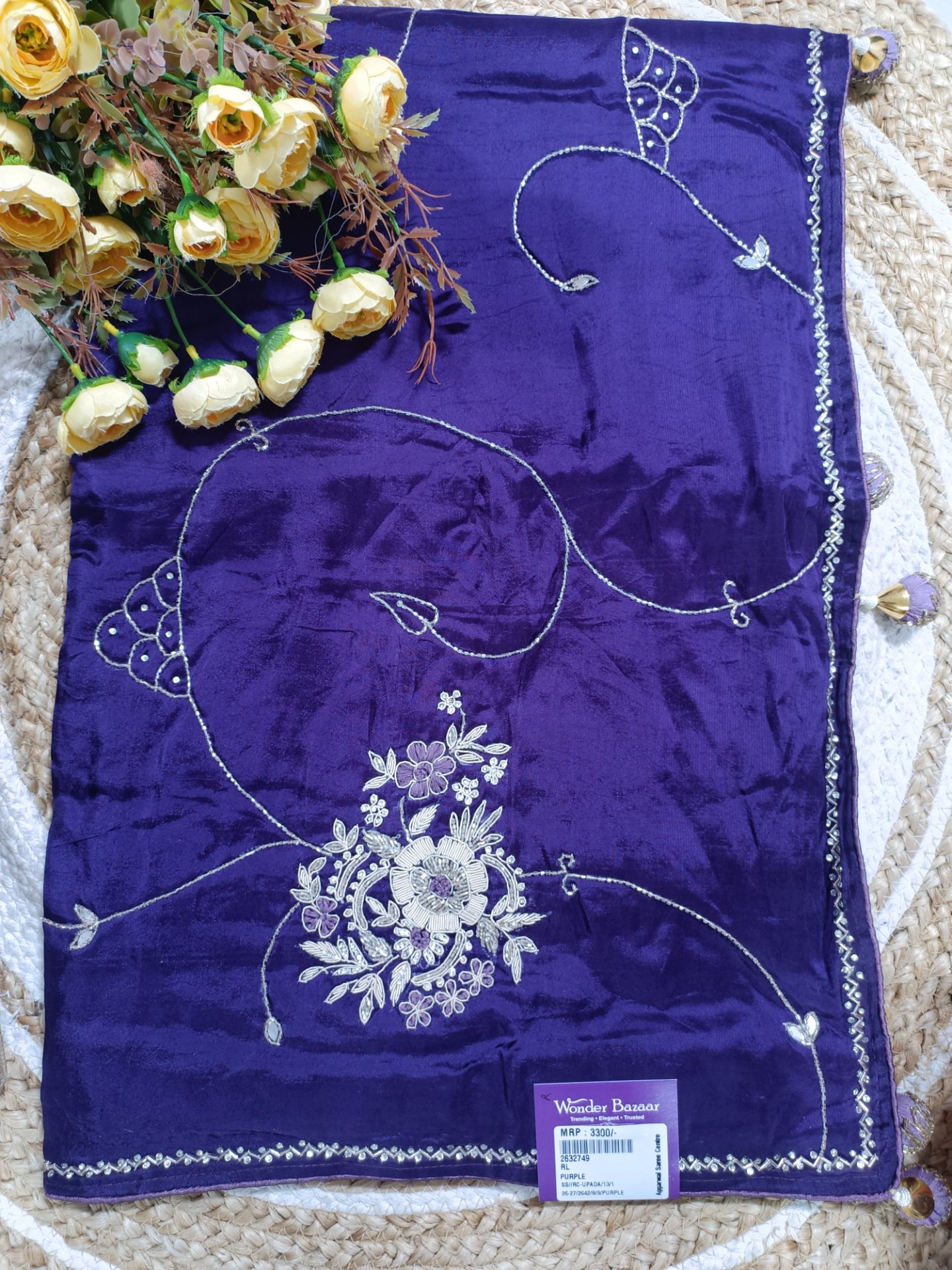 Fancy Saree with Delicate Floral Embroidery & Thin Border