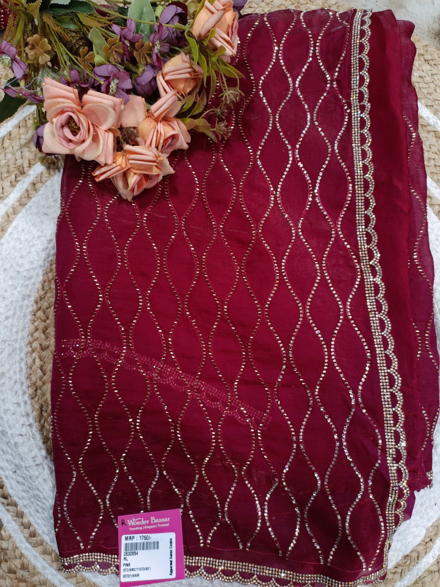 Wavy Stone Work Fancy Saree with Scalloped Border