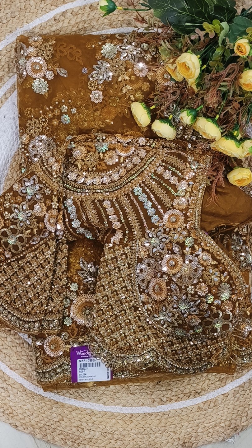 Antique Gold Saree with Heavy Sequin & Cutwork Embroidery