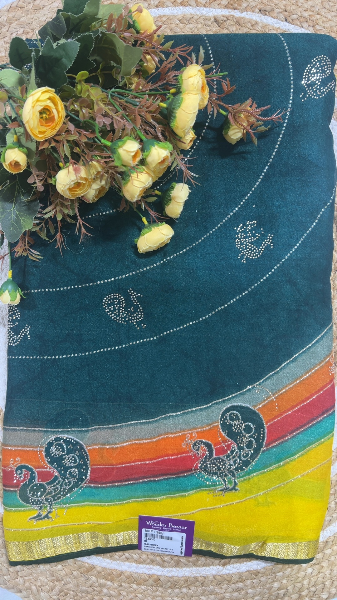 Peacock Stone Work Saree with Rainbow Border