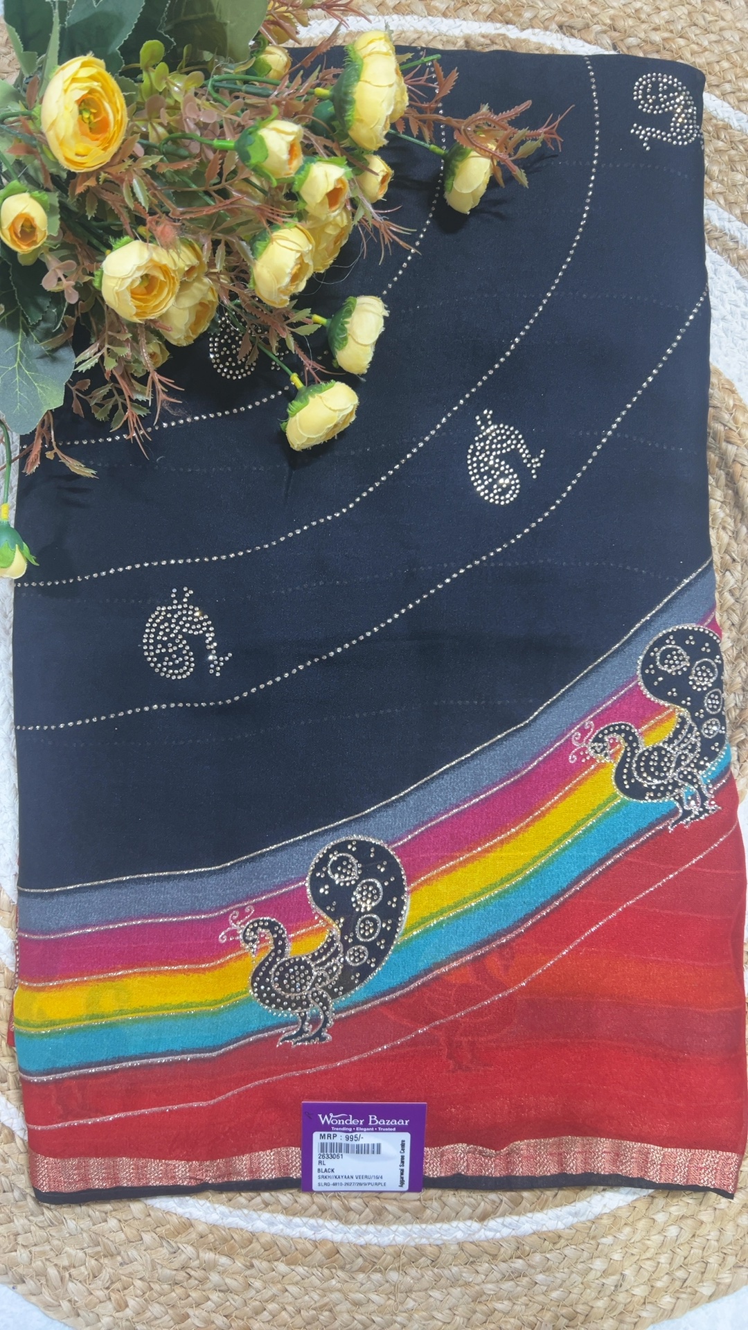 Peacock Stone Work Saree with Rainbow Border