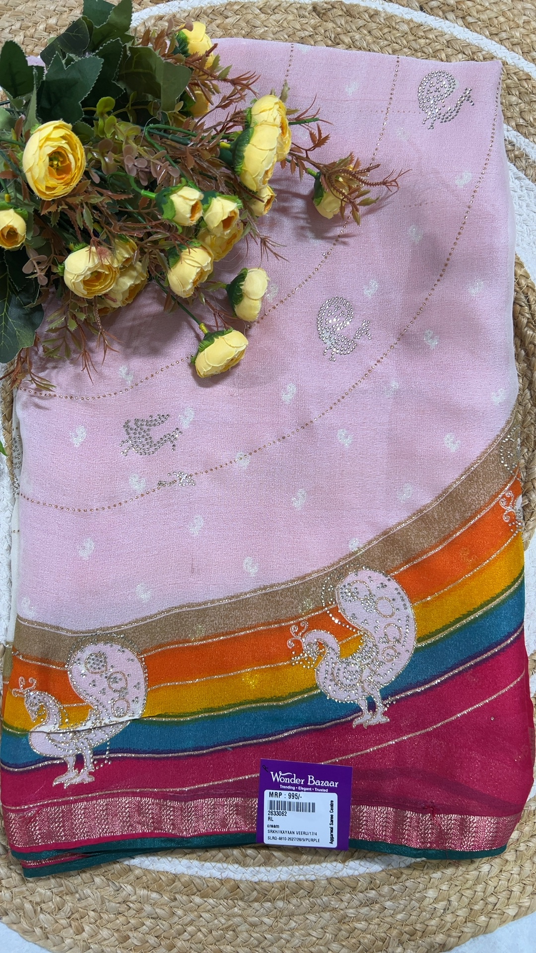 Peacock Stone Work Saree with Rainbow Border