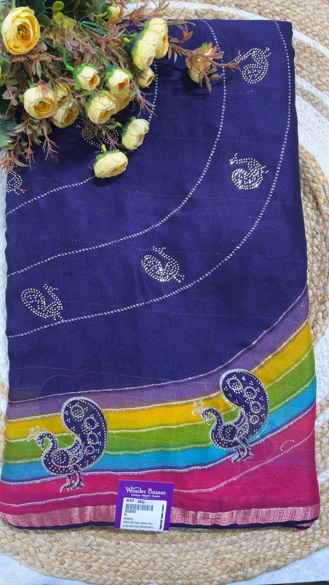 Peacock Stone Work Saree with Rainbow Border