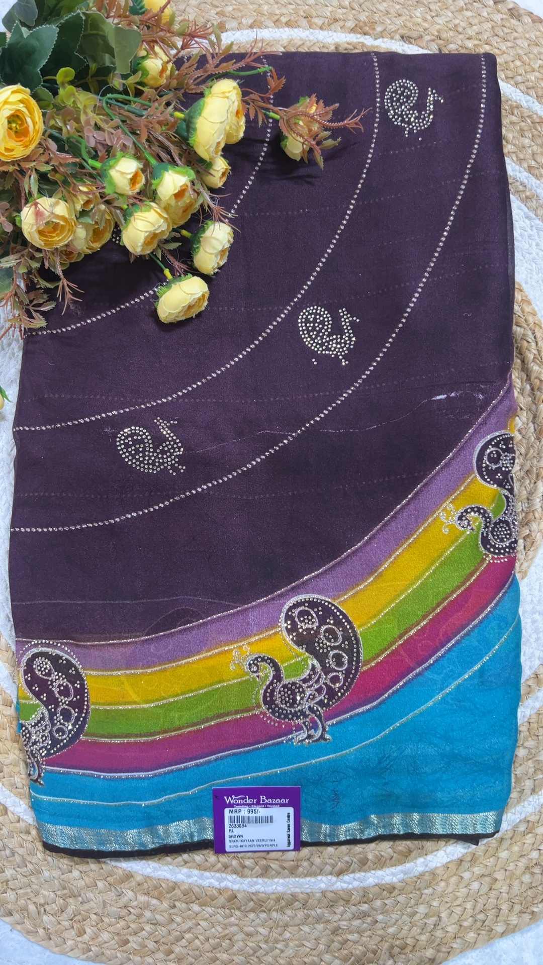 Peacock Stone Work Saree with Rainbow Border