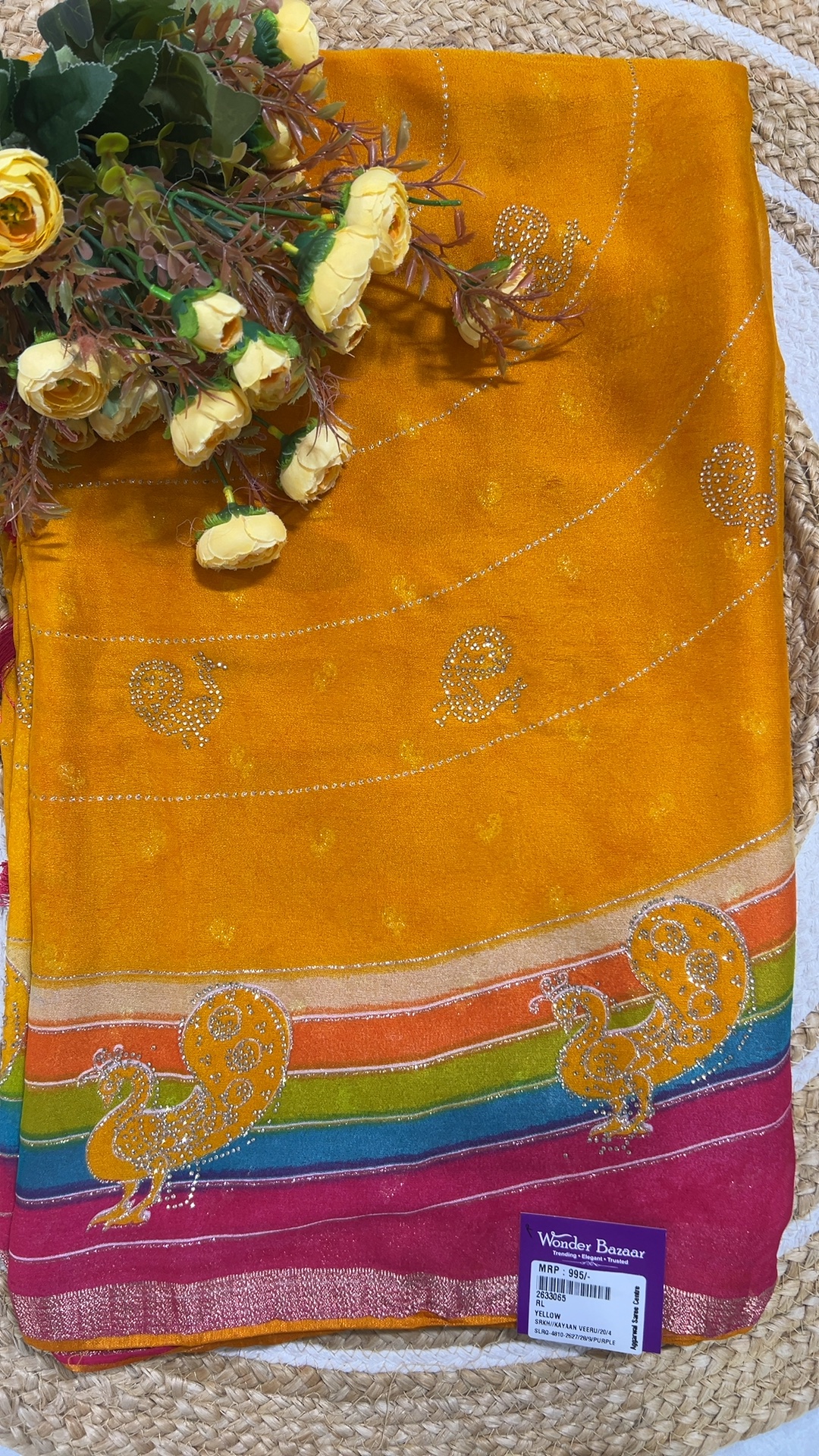 Peacock Stone Work Saree with Rainbow Border
