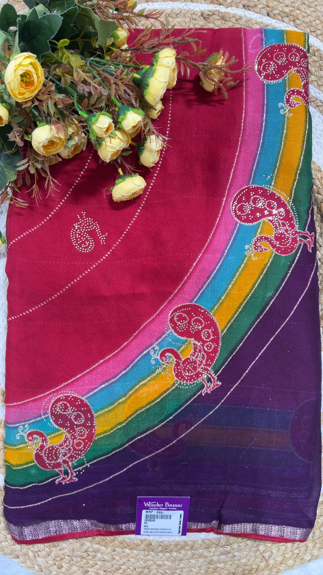 Peacock Stone Work Saree with Rainbow Border