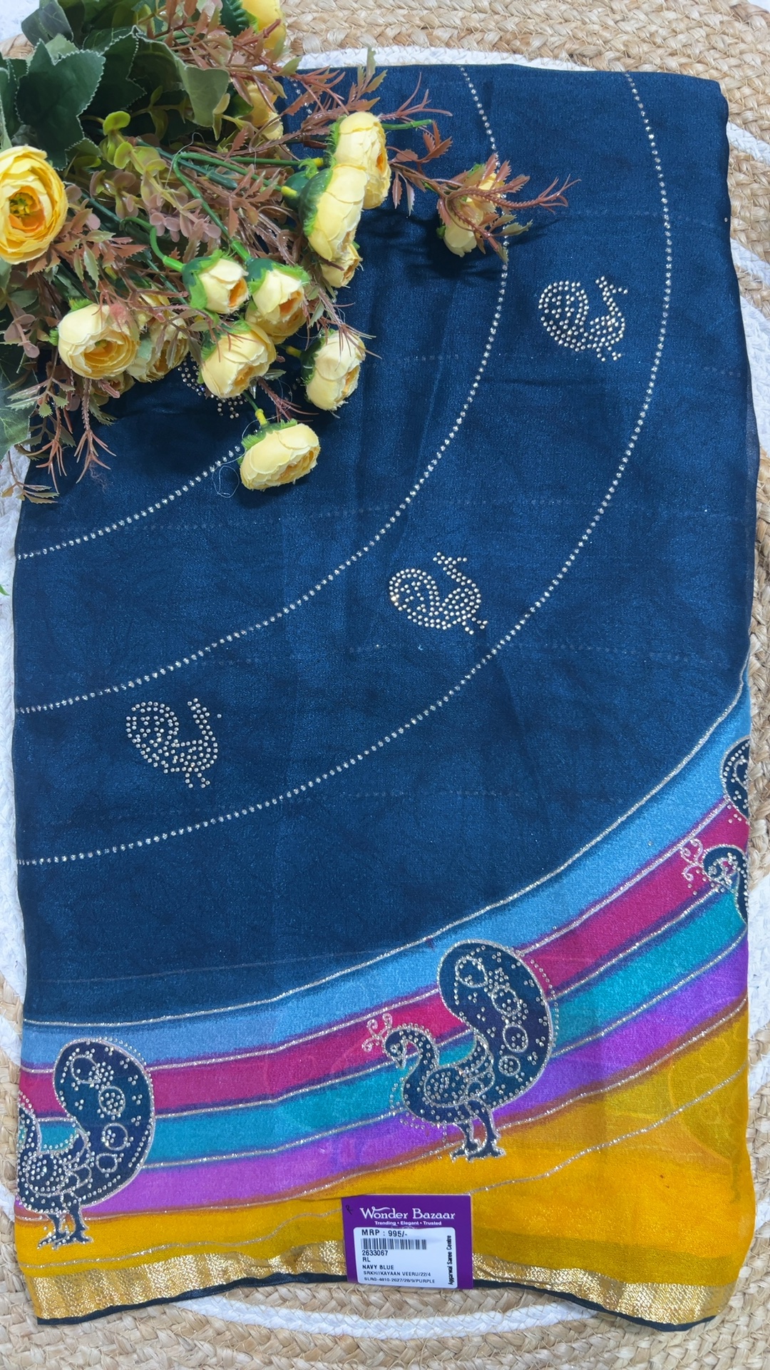 Peacock Stone Work Saree with Rainbow Border