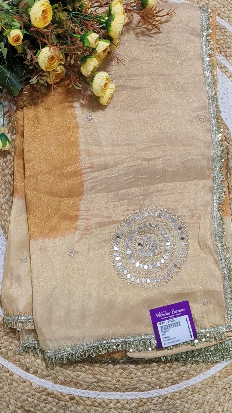 Light Orange & Beige Shimmer Saree with Mirror Work