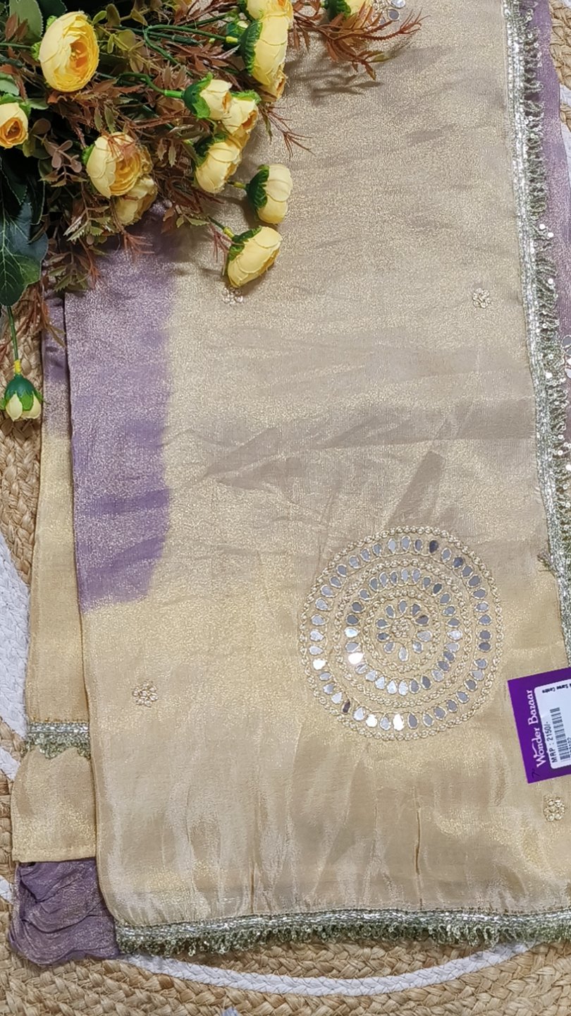Dual-Tone Shimmer Saree with Mirror Motif and Lace Border