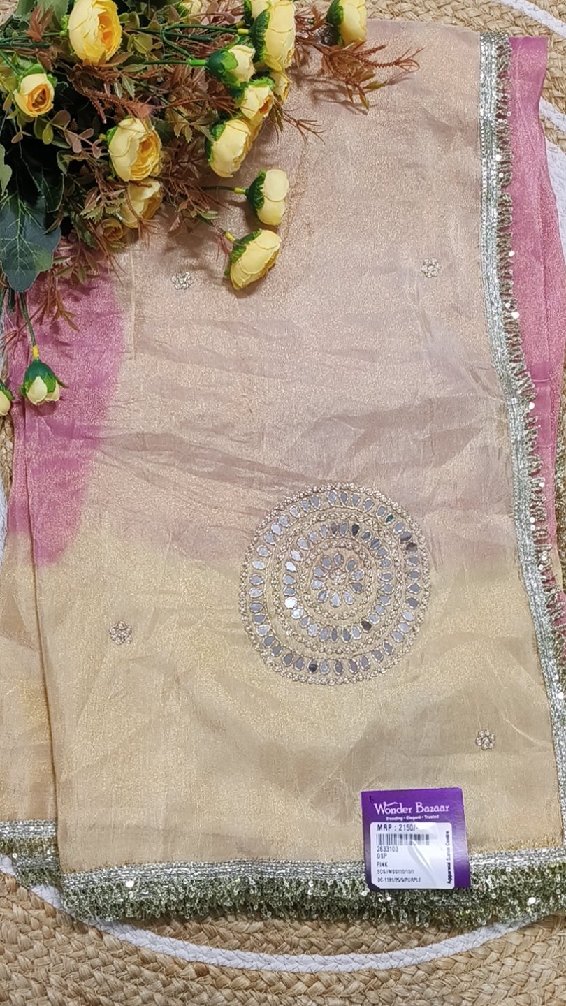 Dual-Tone Shimmer Saree with Mirror Motif and Lace Border