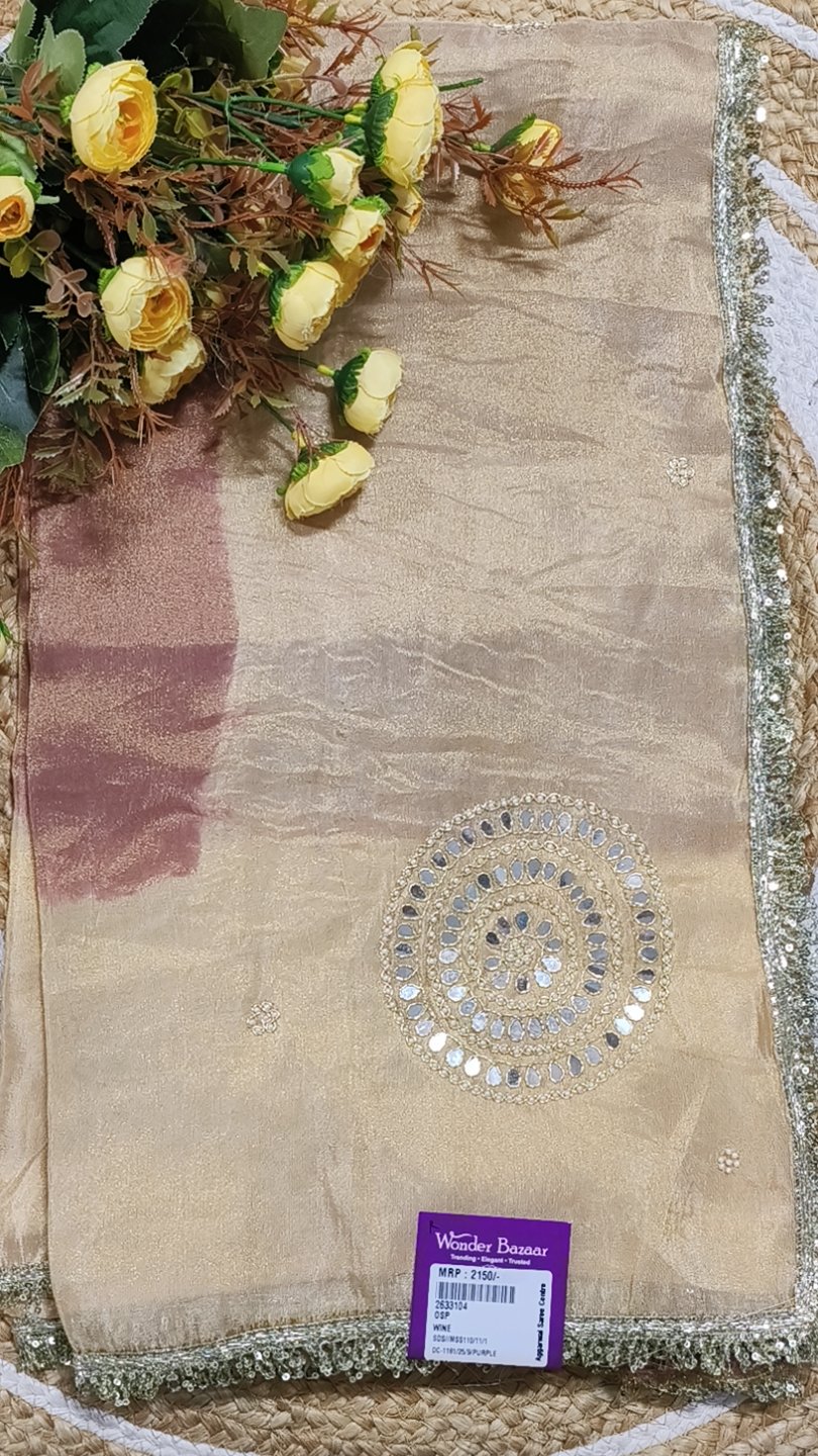 Dual-Tone Shimmer Saree with Mirror Motif and Lace Border