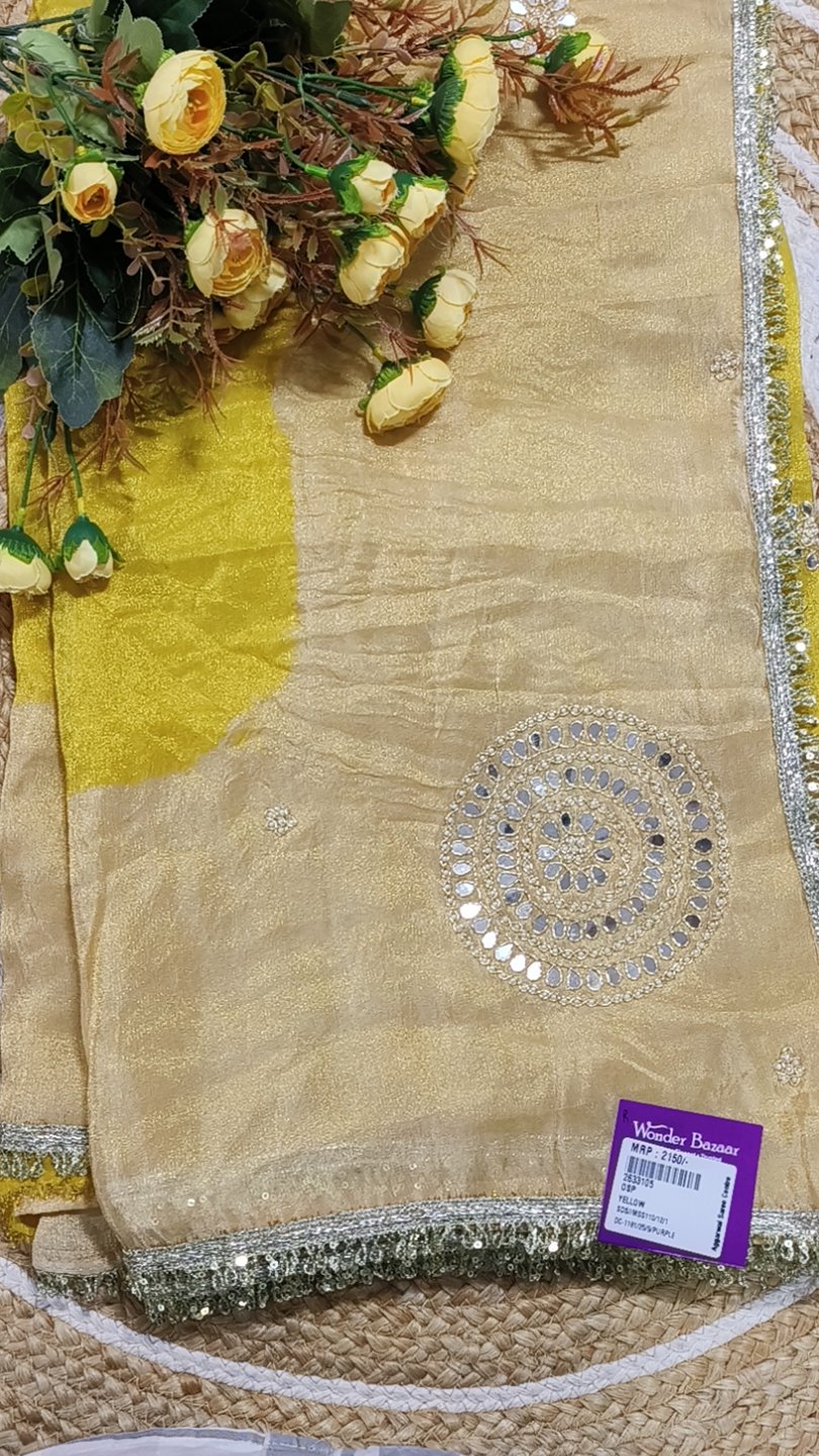 Dual-Tone Shimmer Saree with Mirror Motif and Lace Border
