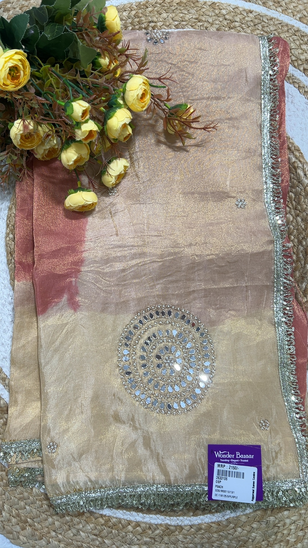 Dual-Tone Shimmer Saree with Mirror Motif and Lace Border