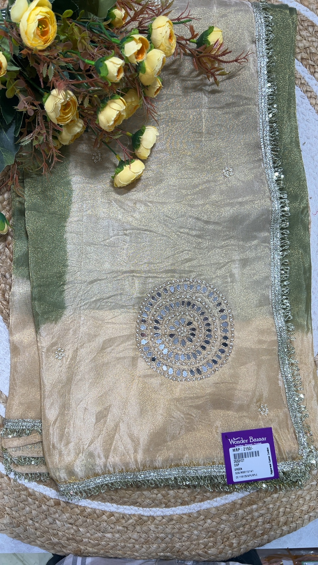 Dual-Tone Shimmer Saree with Mirror Motif and Lace Border