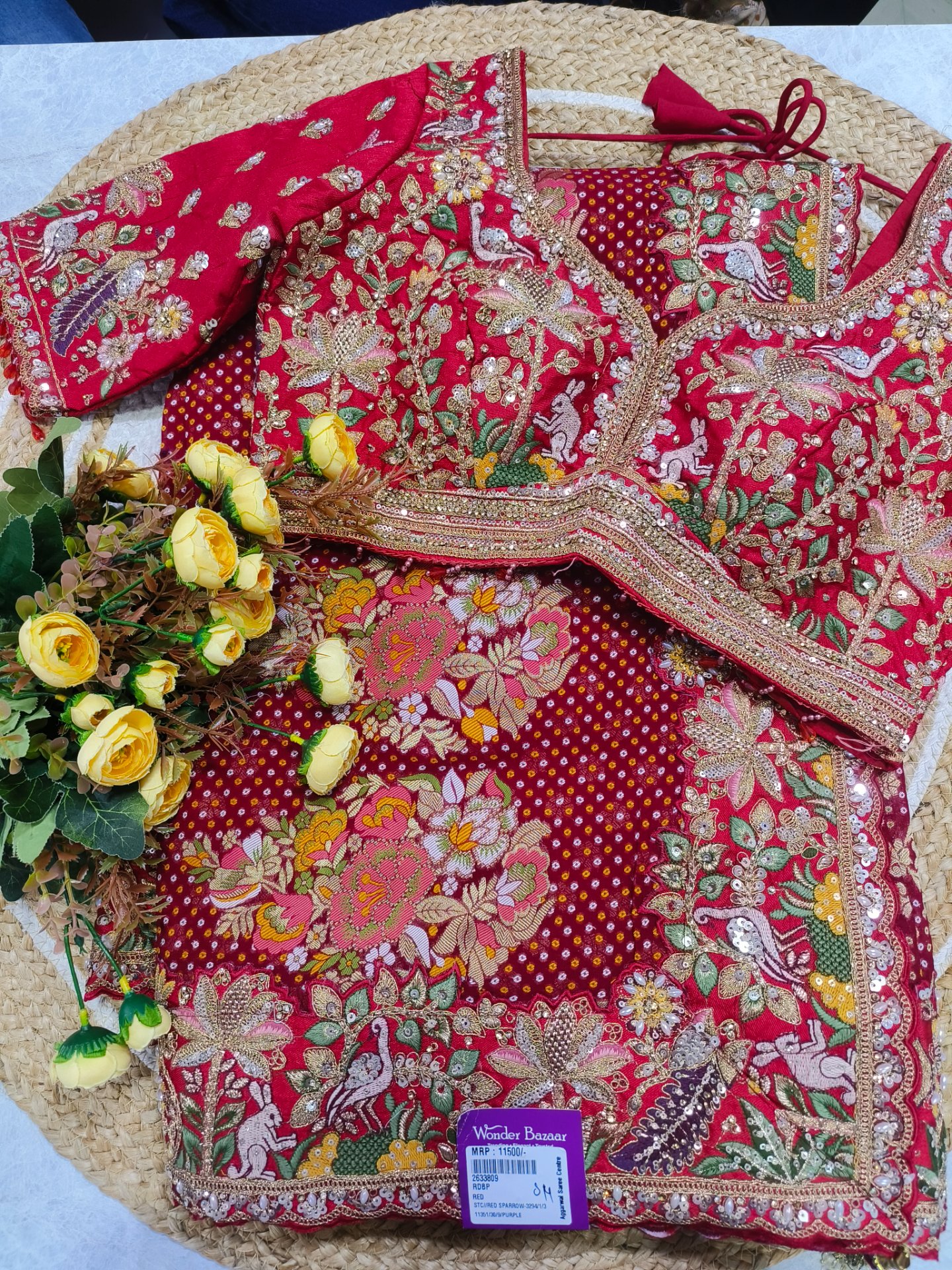 Bandhani Pattern Saree with Embroidered Floral Border & Blouse