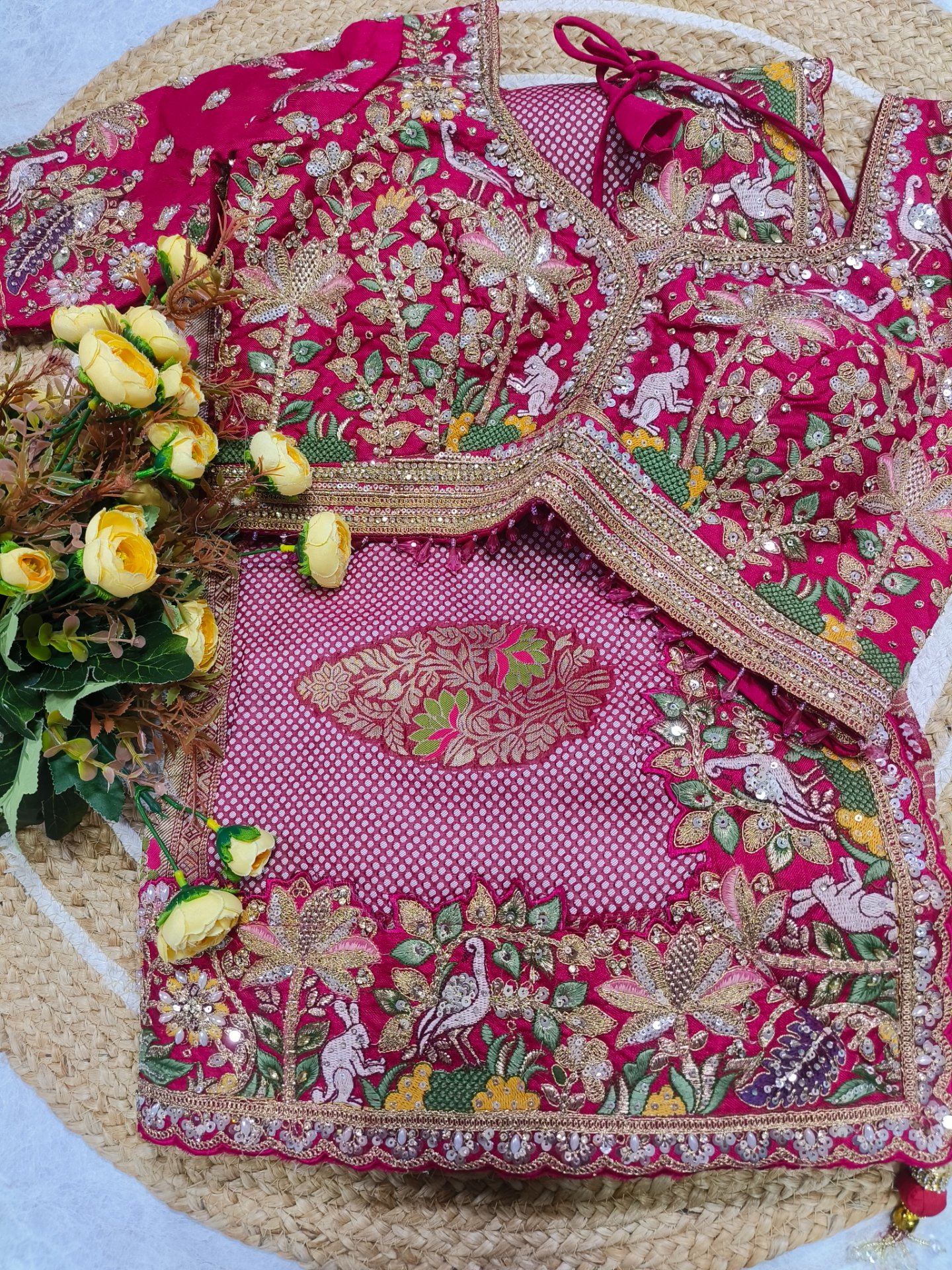 Bandhani Pattern Saree with Embroidered Floral Border & Blouse