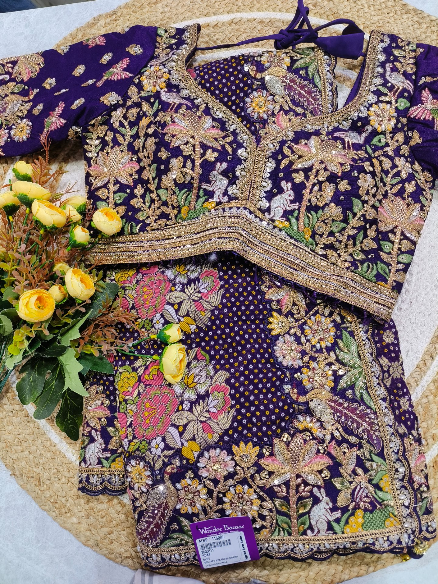 Bandhani Pattern Saree with Embroidered Floral Border & Blouse