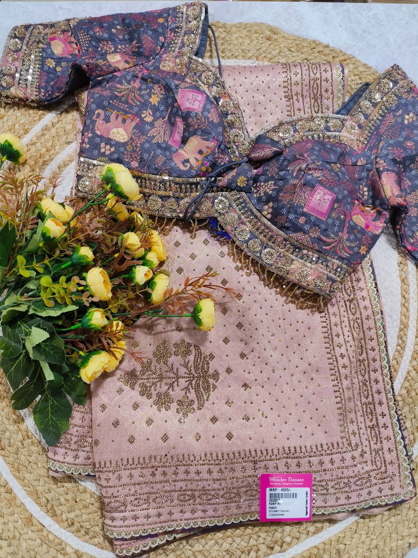 Peach Embellished Saree with Printed Embroidered Blouse