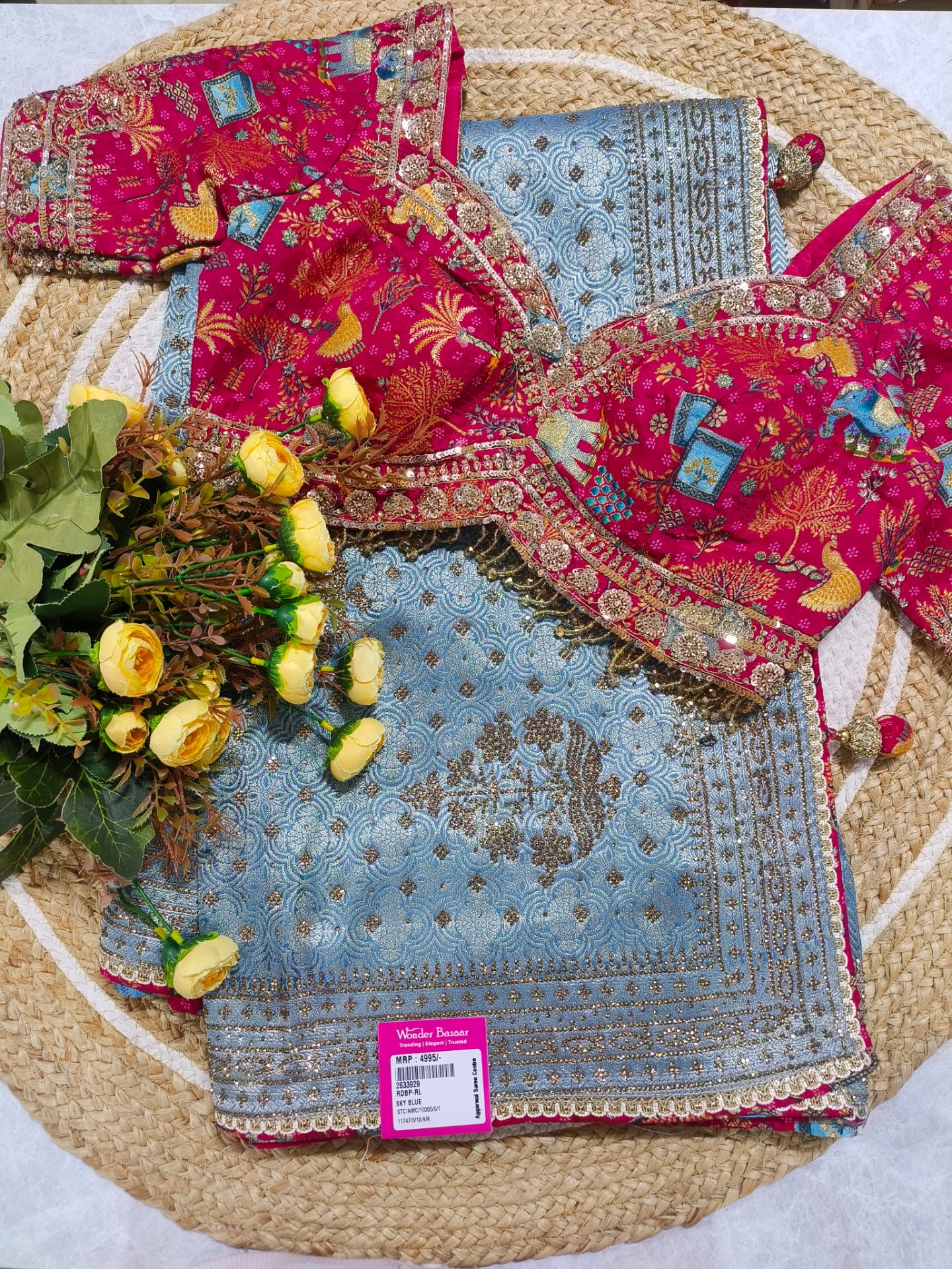 Embroidered Saree with Printed Rani Pink Heavy Blouse