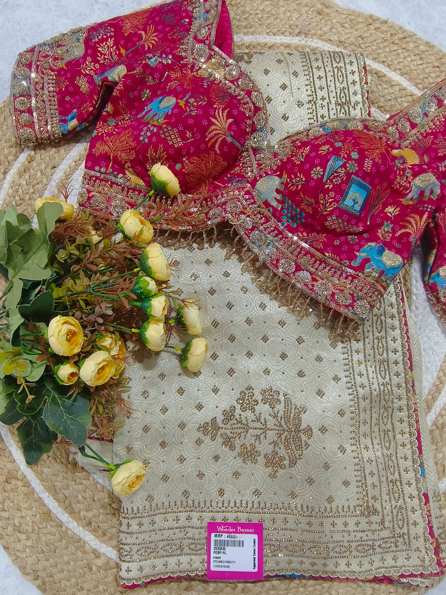 Embroidered Saree with Printed Rani Pink Heavy Blouse