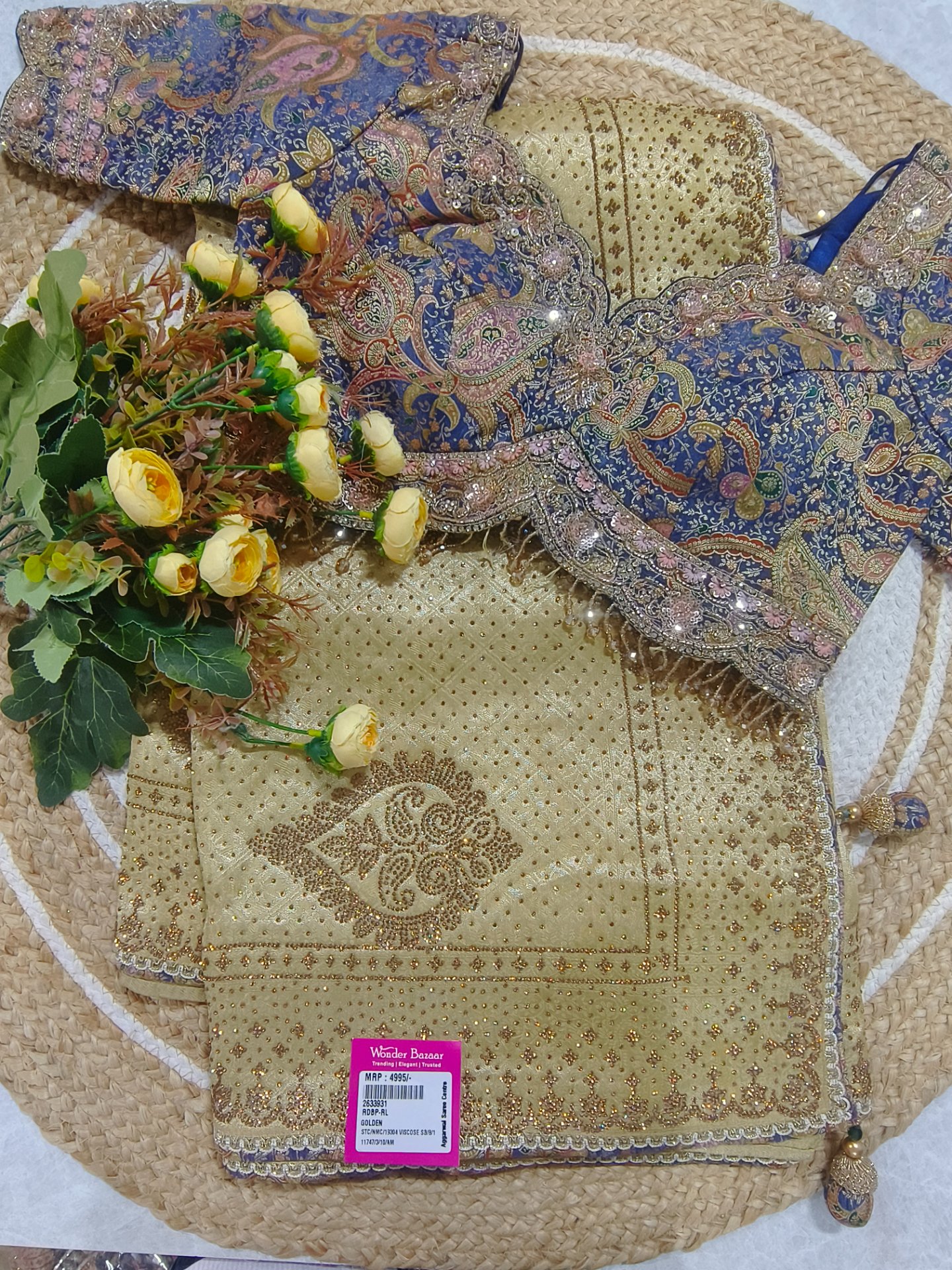 Golden Saree with Intricate Stone Work & Kalamkari Blouse