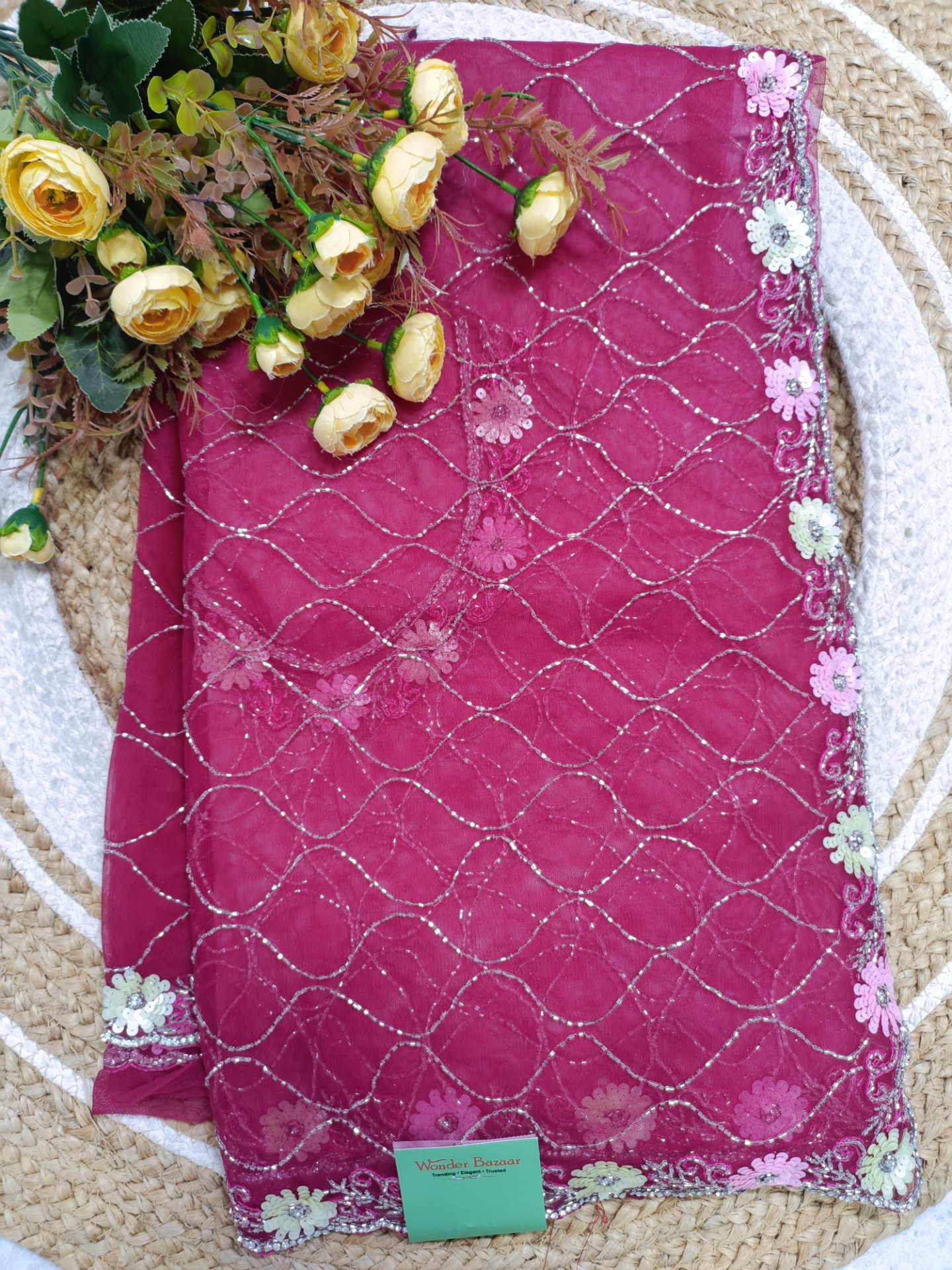 Net Saree with Silver Jaal and Sequin Floral Border