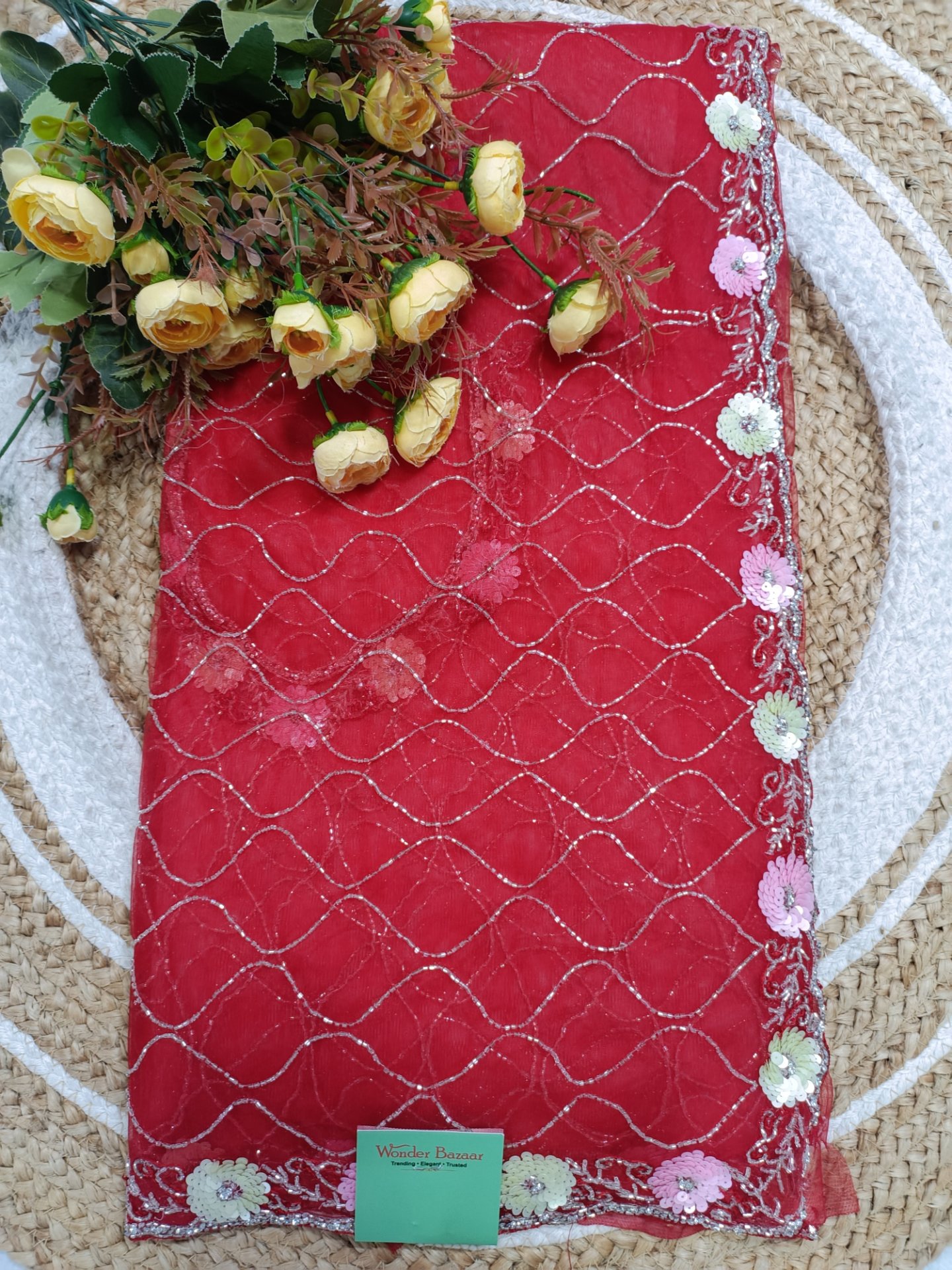 Net Saree with Silver Jaal and Sequin Floral Border