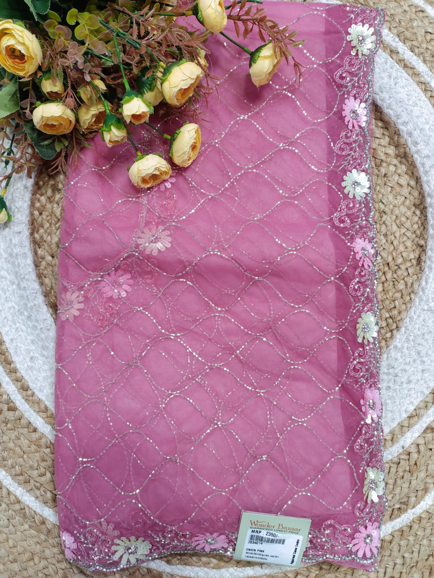 Net Saree with Silver Jaal and Sequin Floral Border
