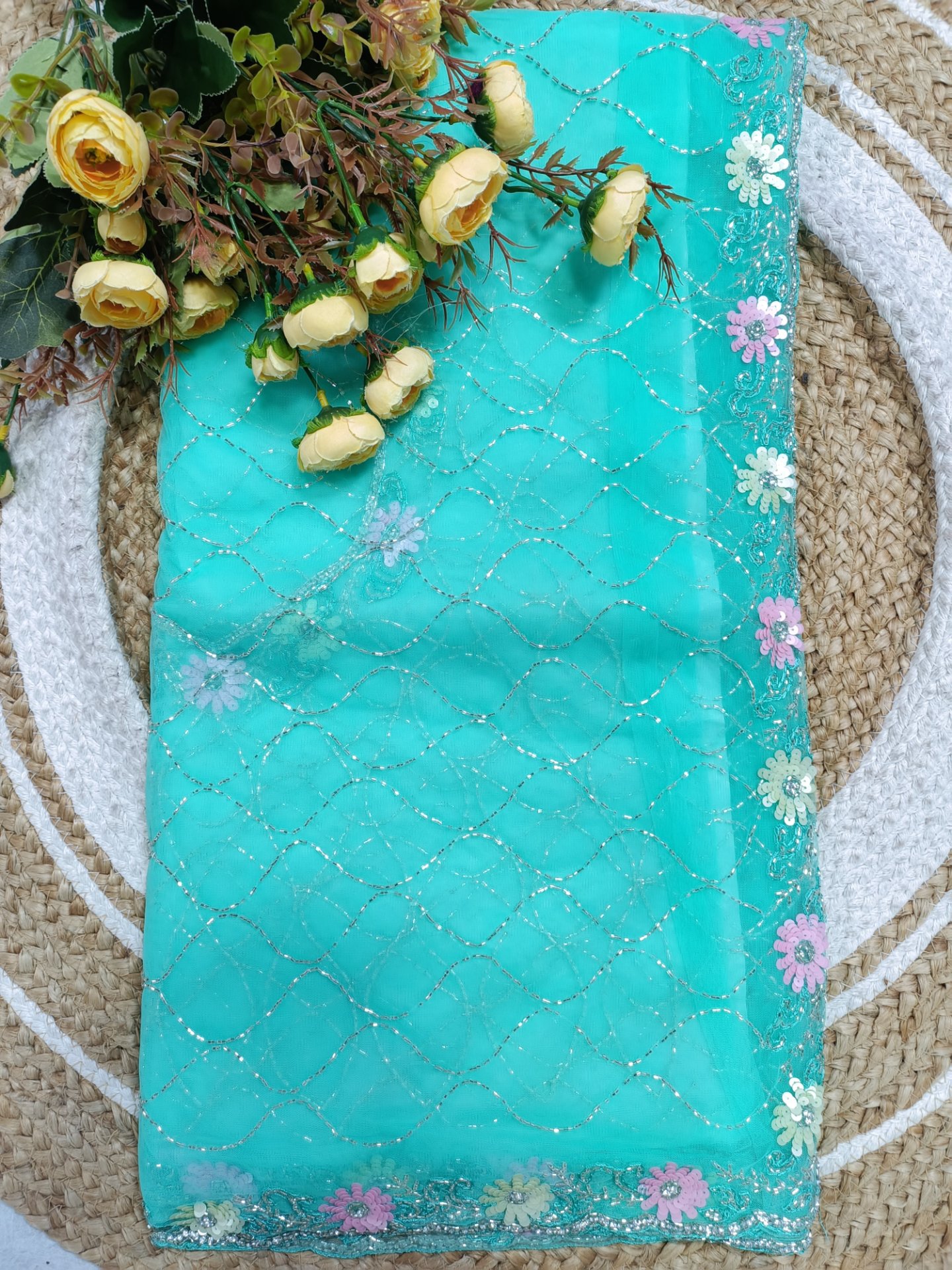 Net Saree with Silver Jaal and Sequin Floral Border
