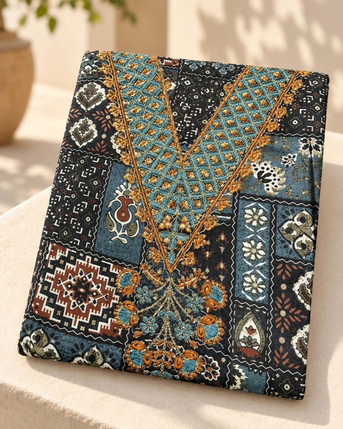 Teal printed suit — Quiet festive display