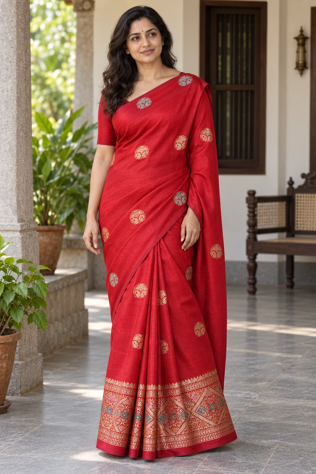 Red with golden motifs — Styled natural drape