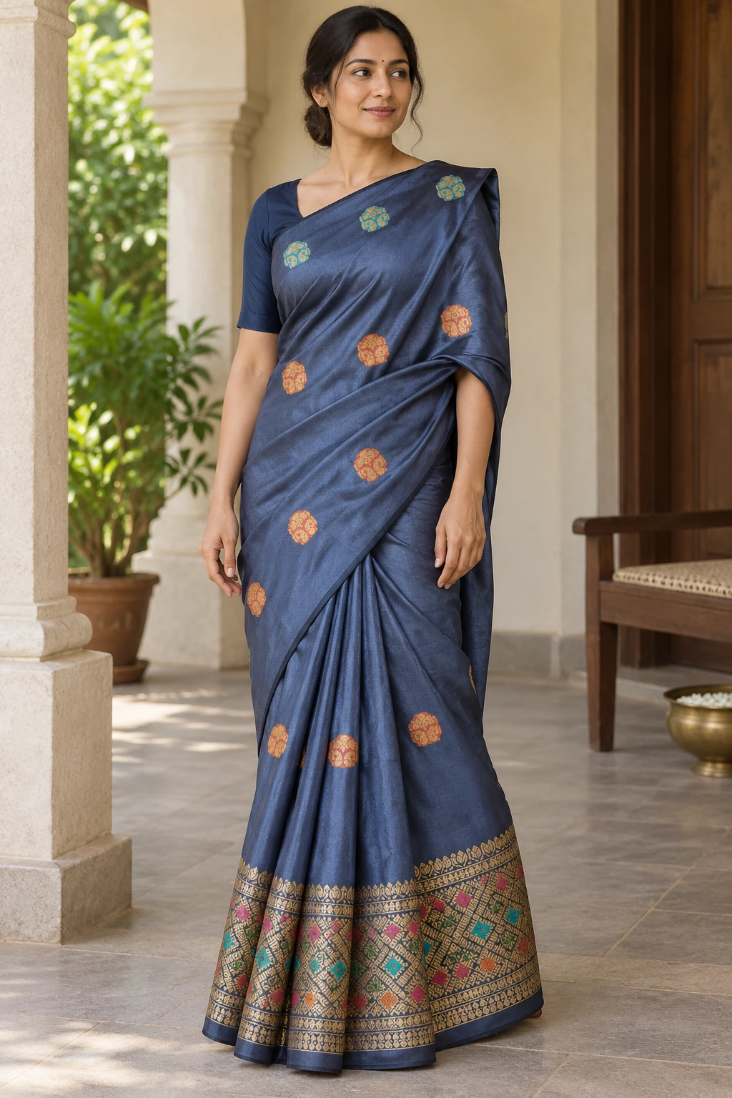 Blue with colourful motifs — Styled natural drape