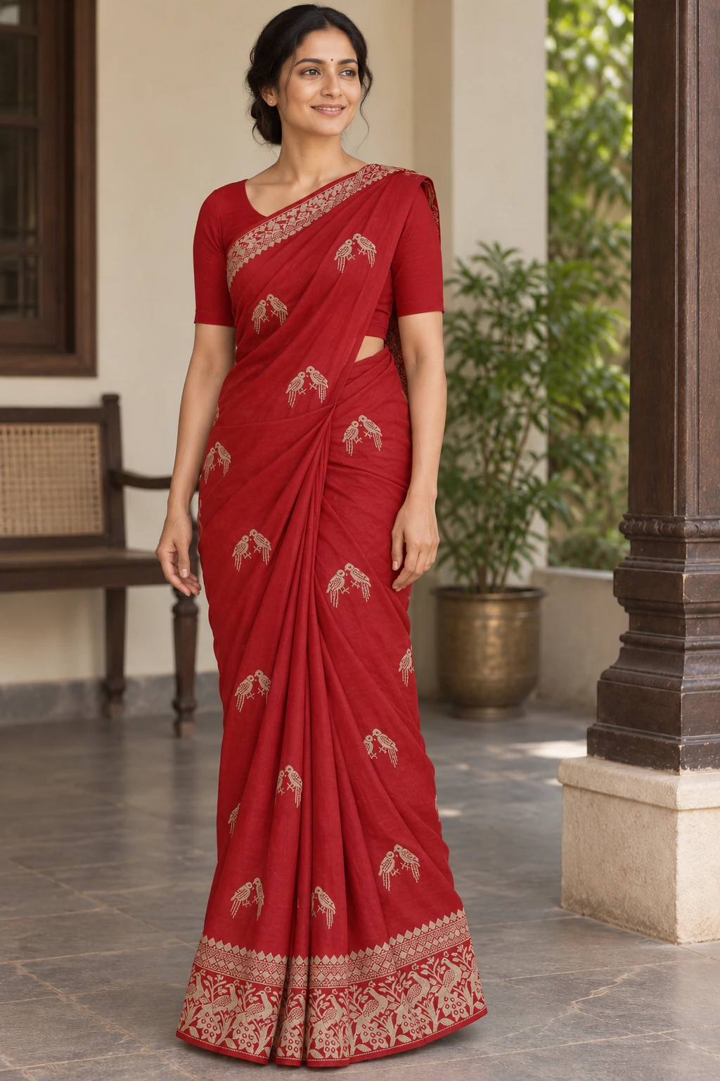 Red with a golden border — Styled natural drape