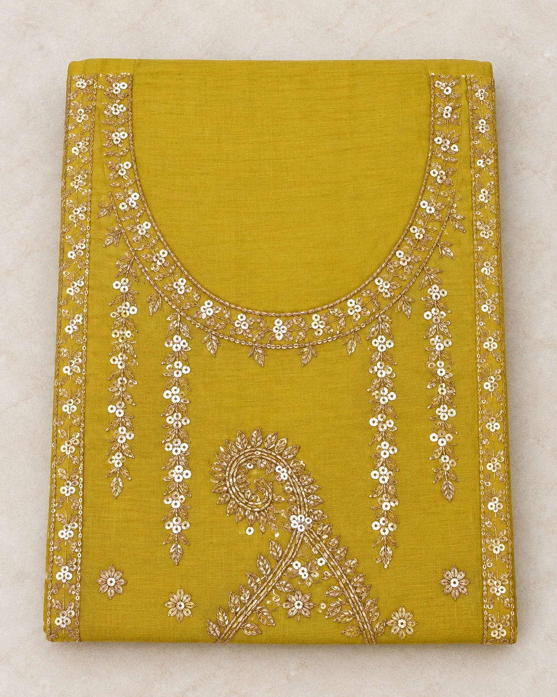 Mustard with a floral neckline — Clean catalogue view
